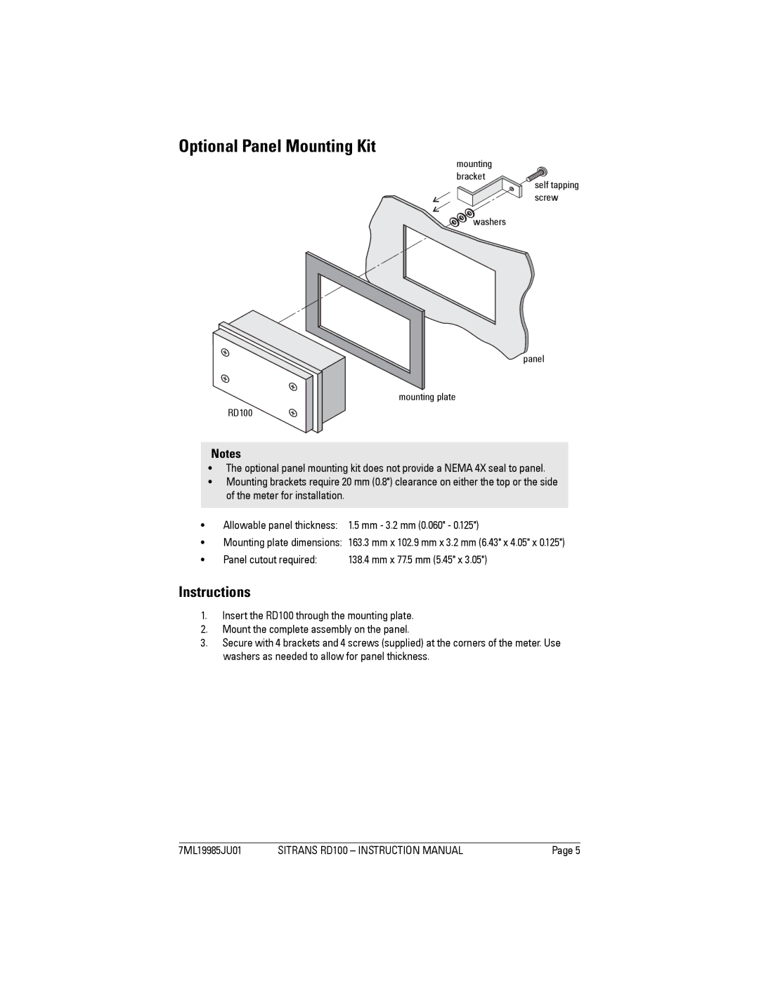 Siemens SITRANS RD100 operating instructions Optional Panel Mounting Kit, Instructions 