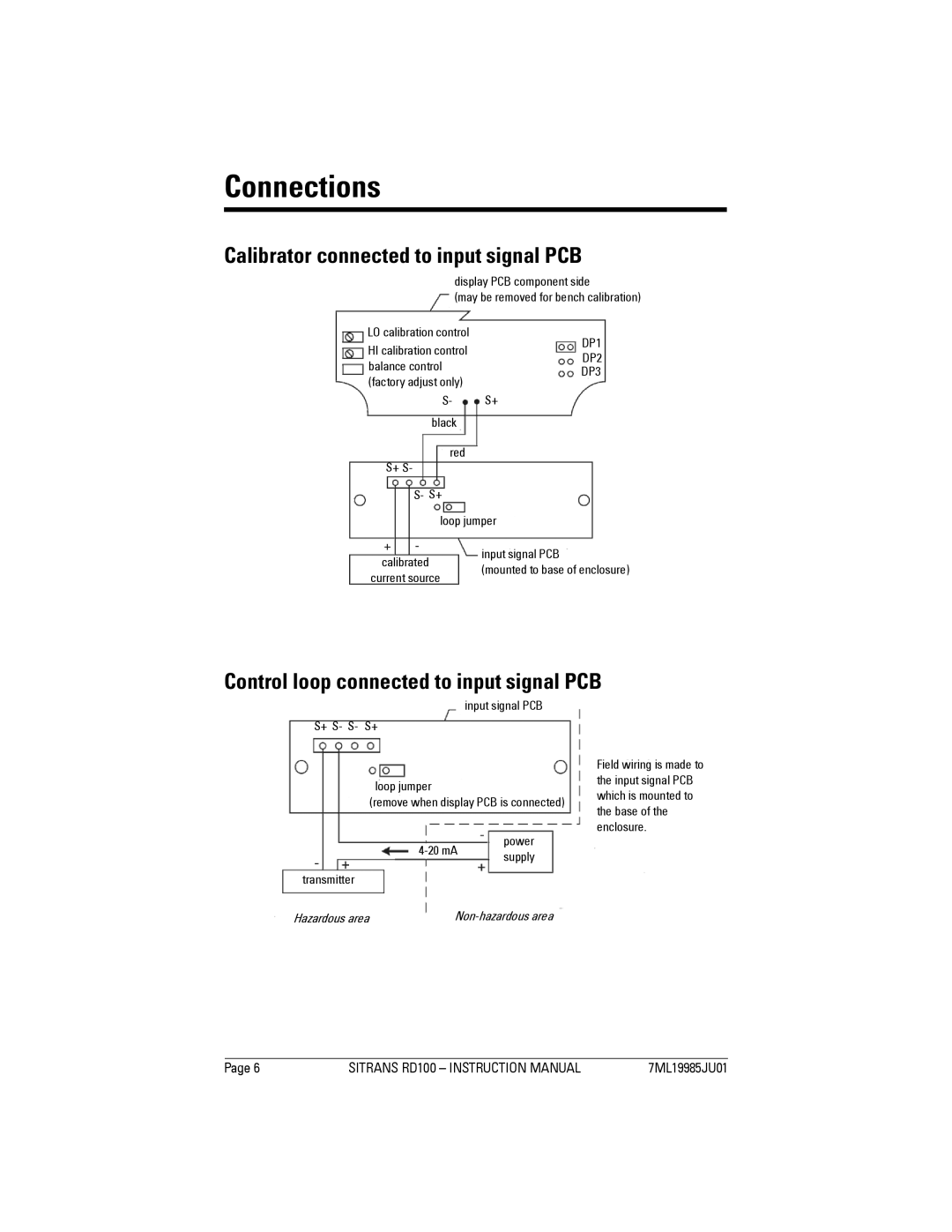 Siemens SITRANS RD100 Connections, Calibrator connected to input signal PCB, Control loop connected to input signal PCB 