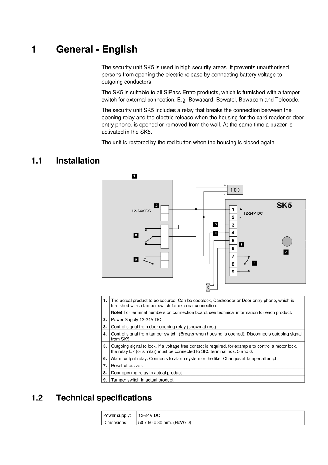 Siemens SK5 manual General English, Installation, Technical specifications 