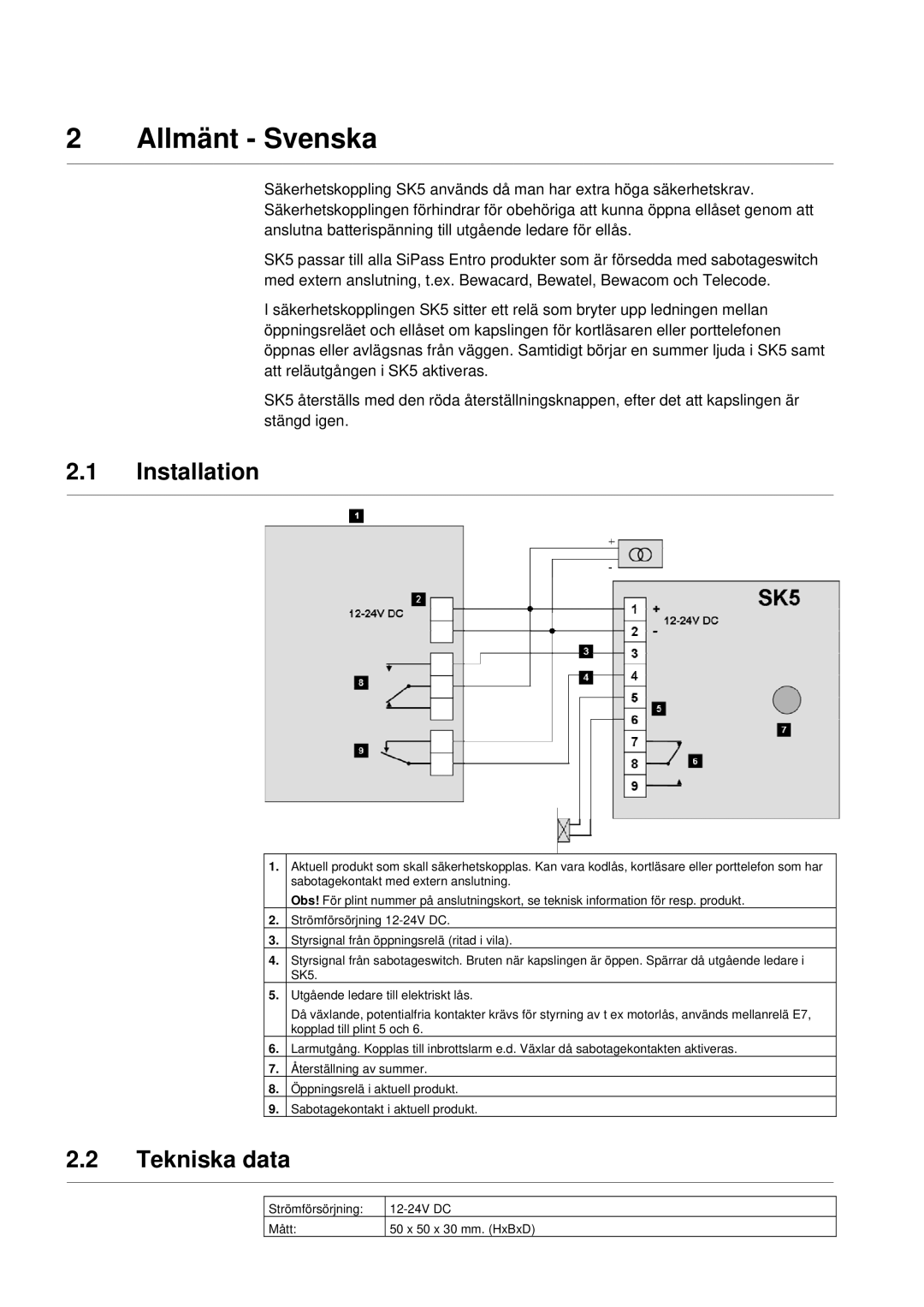 Siemens SK5 manual Allmänt Svenska, Tekniska data 