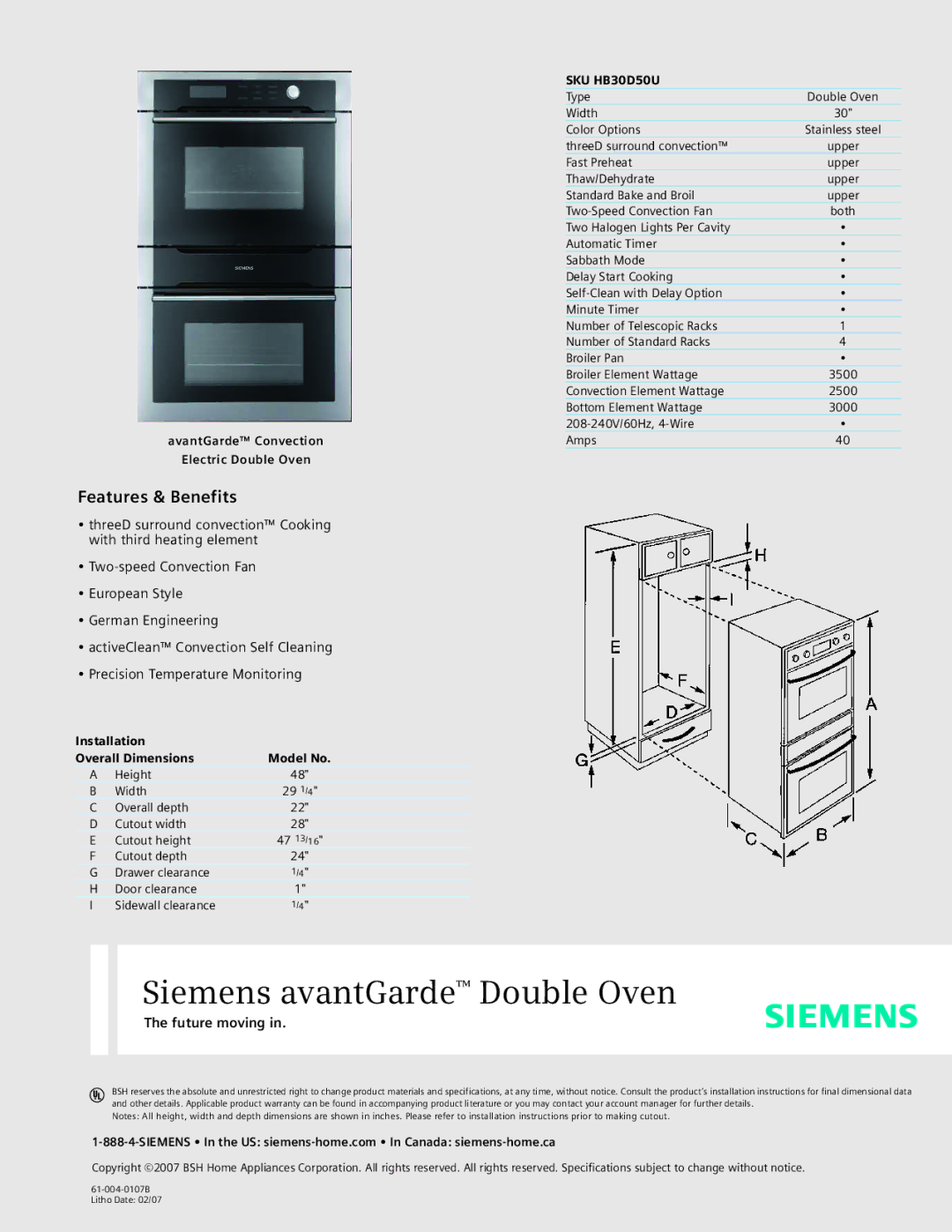 Siemens SKU HB30D50U dimensions Siemens avantGarde Double Oven, Features & Benefits, Future moving 