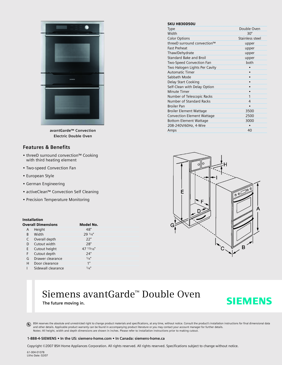 Siemens SKU HB30D50U dimensions Siemens avantGarde Double Oven, Features & Benefits, The future moving in, Installation 