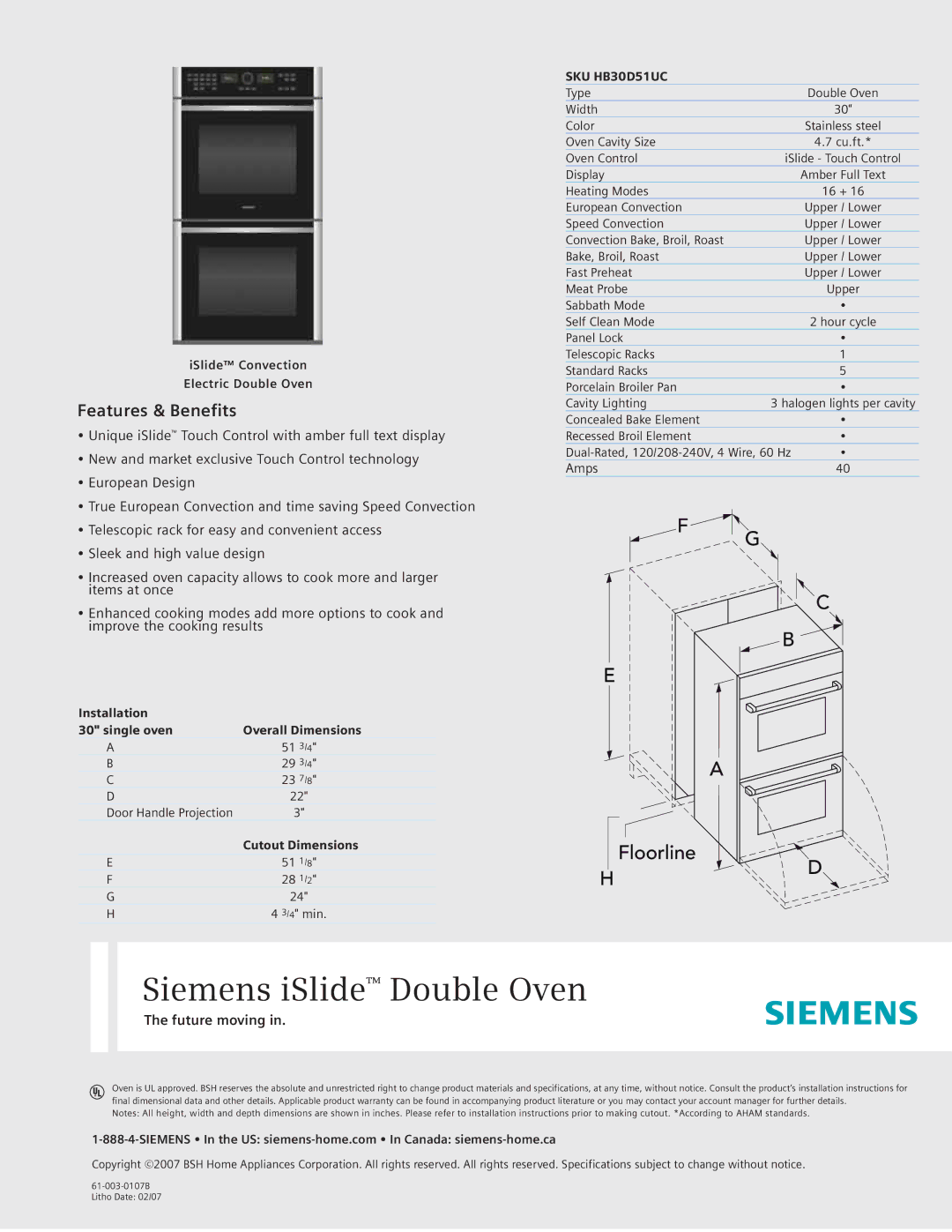 Siemens SKU HB30D51UC specifications Siemens iSlide Double Oven, Features & Benefits, Future moving 