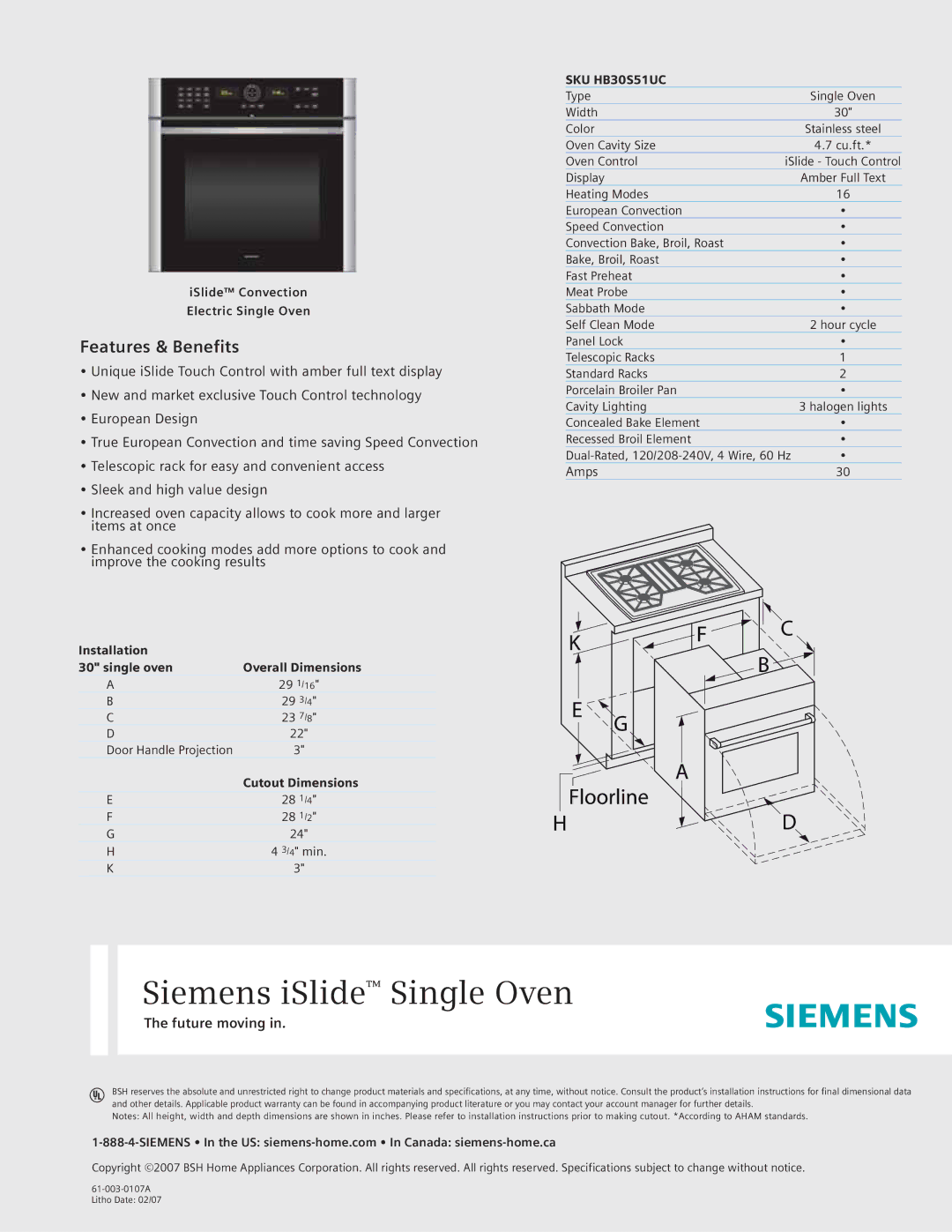 Siemens SKU HB30S51UC specifications Siemens iSlide Single Oven, Features & Benefits, Future moving 