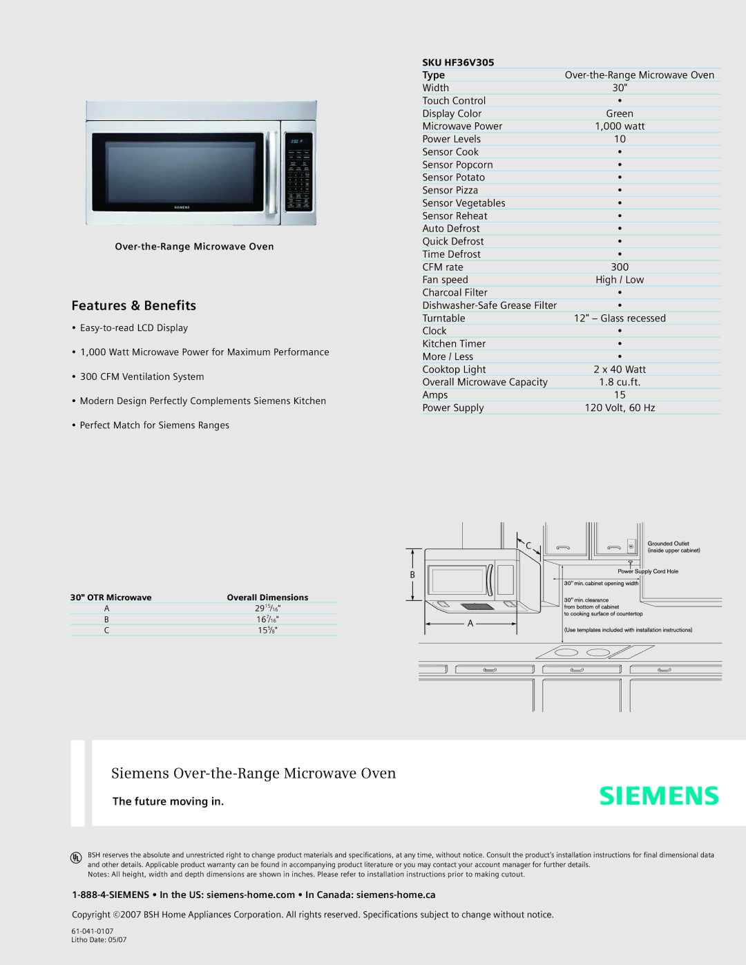 Siemens SKU HF36V305 specifications Siemens Over-the-Range Microwave Oven, Features & Benefits, Future moving 