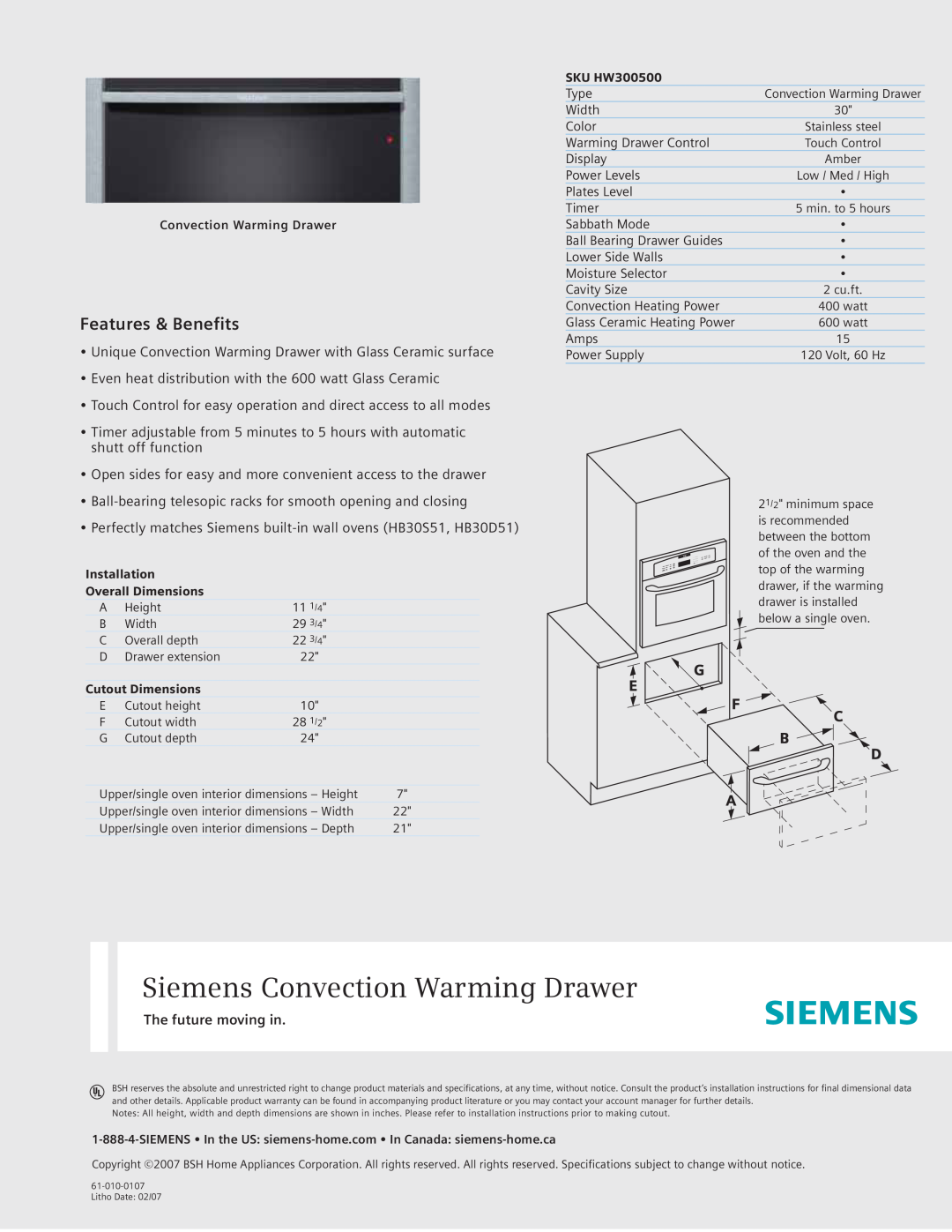 Siemens SKU HW300500 dimensions Siemens Convection Warming Drawer, Features & Benefits, The future moving in 