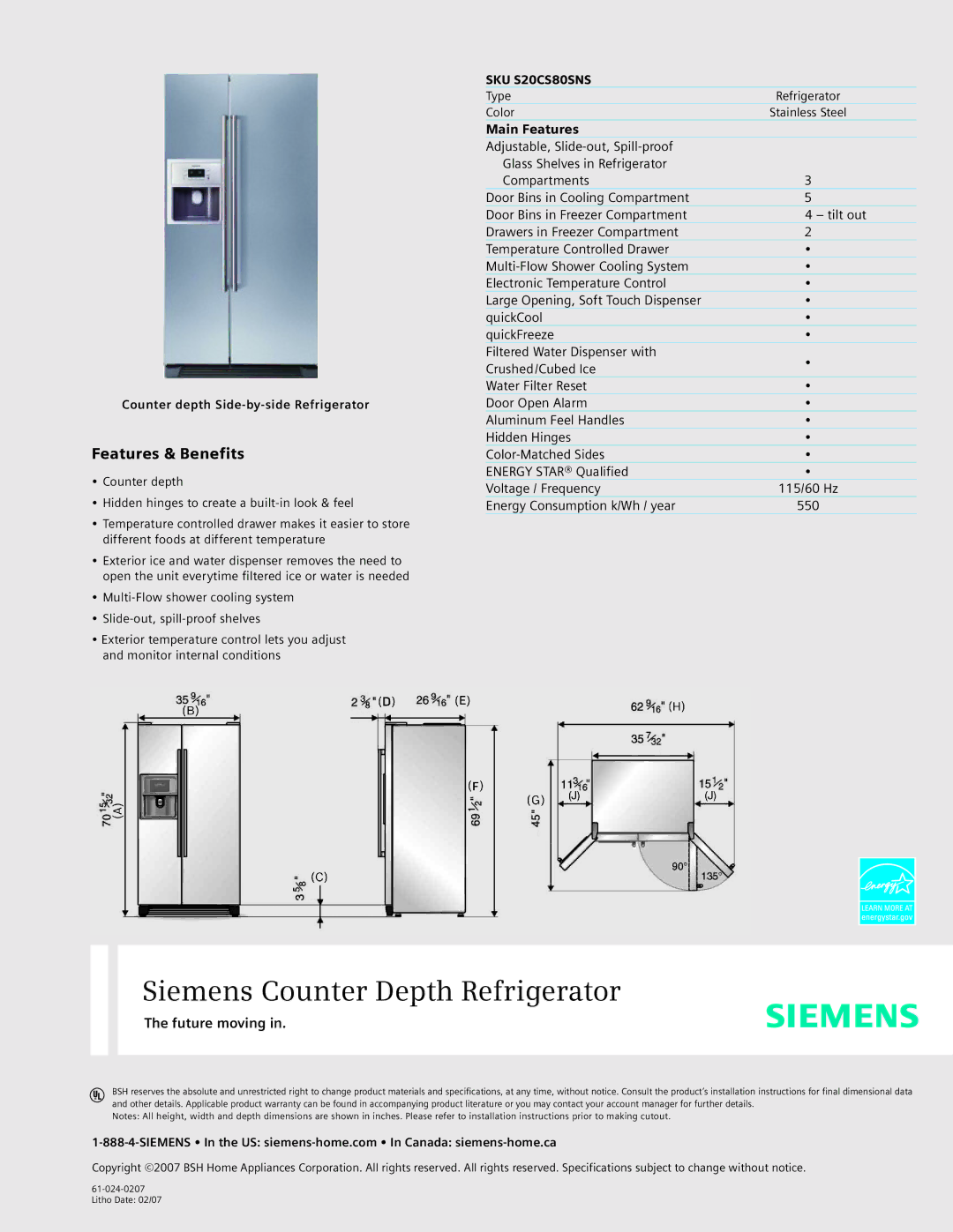 Siemens SKU S20CS80SNS specifications Siemens Counter Depth Refrigerator, Features & Benefits, Future moving 