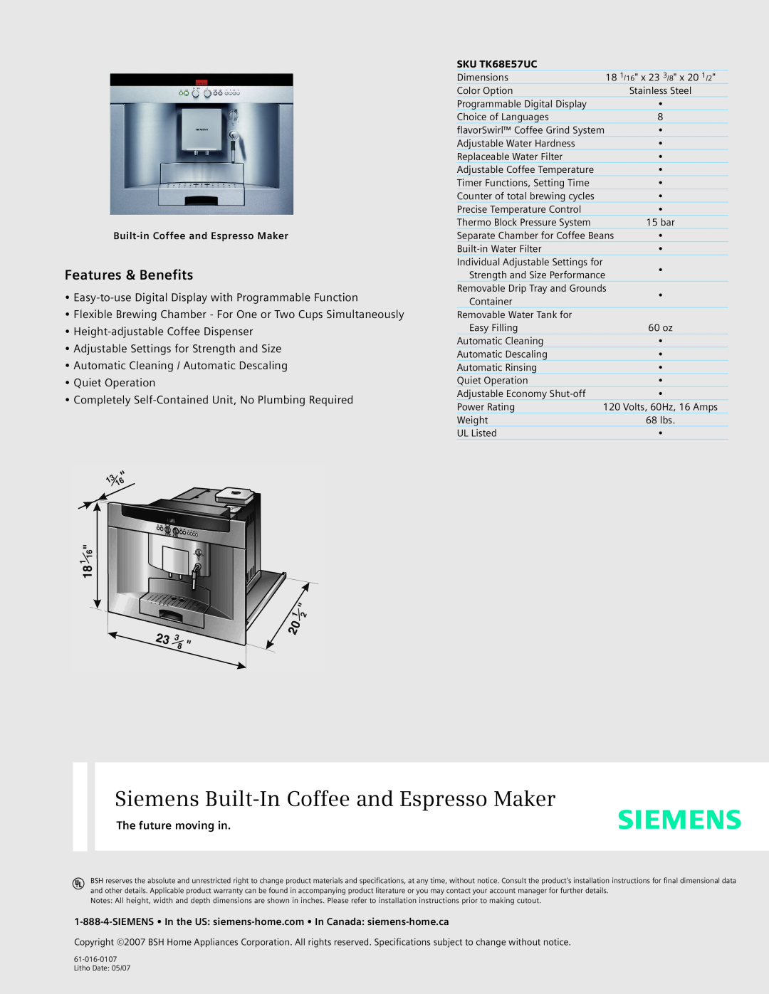 Siemens SKU TK68E57UC specifications Siemens Built-In Coffee and Espresso Maker, Features & Benefits, Quiet Operation 