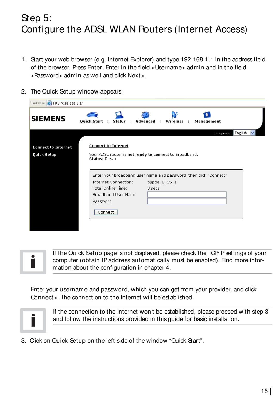 Siemens SL2-141-I quick start Step Configure the Adsl Wlan Routers Internet Access 