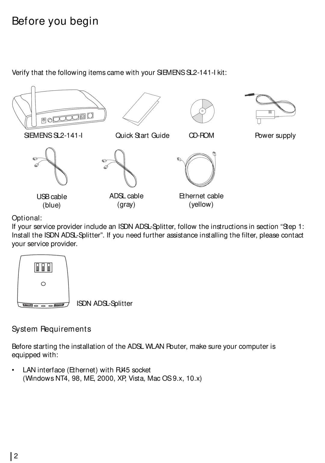 Siemens SL2-141-I quick start Before you begin, Optional 