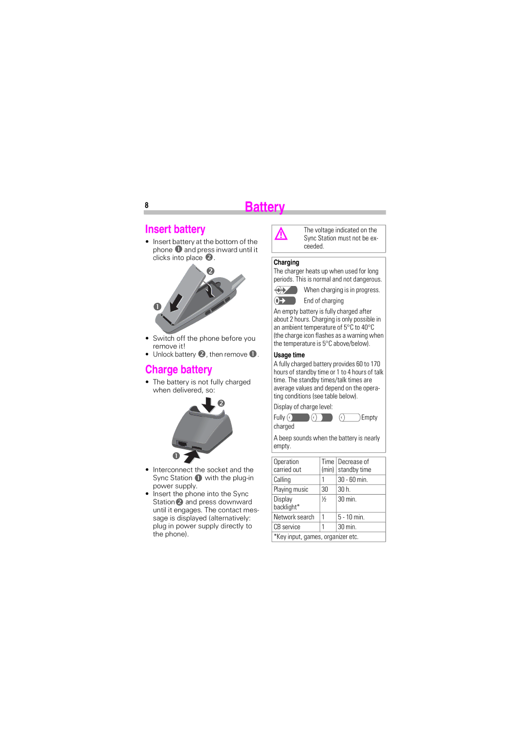 Siemens SL45 manual Battery, Insert battery, Charge battery, Charging, Usage time 