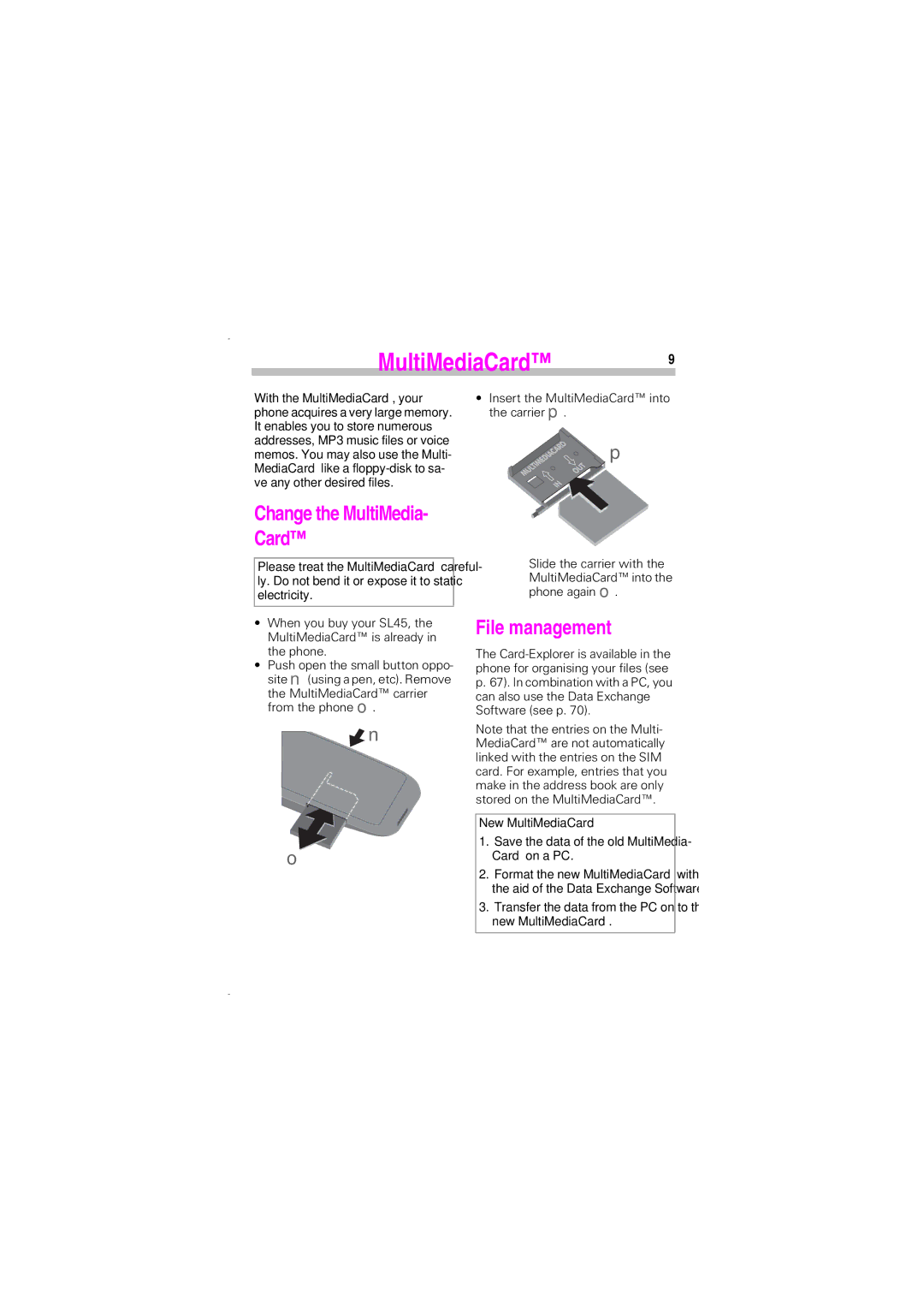 Siemens SL45 manual MultiMediaCard9, Change the MultiMedia- Card, File management 