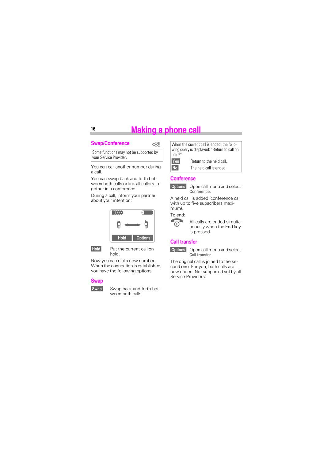 Siemens SL45 manual Swap/Conference C, Call transfer, Hold Options, +ROG Put the current call on hold 