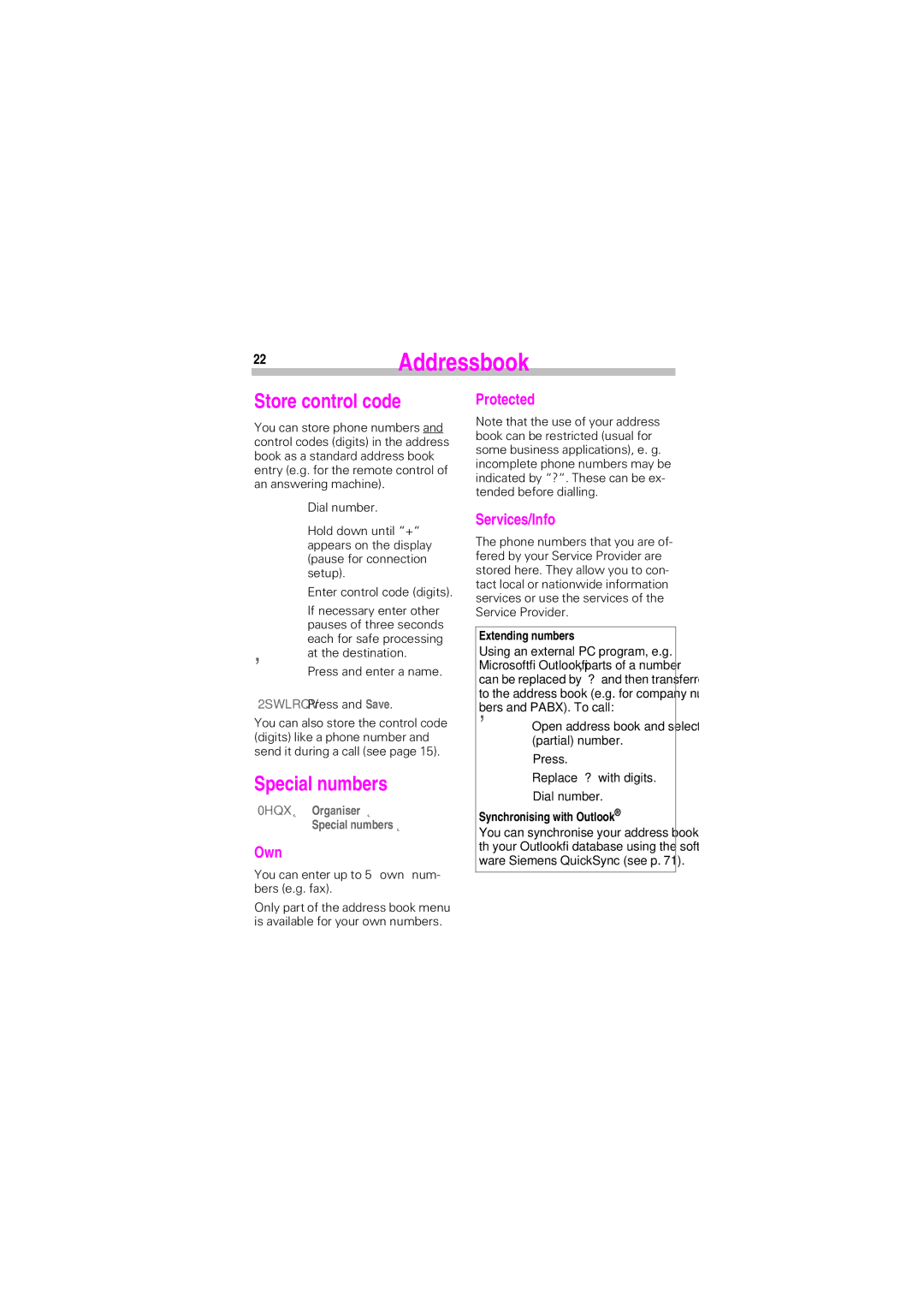 Siemens SL45 manual 22Addressbook, Store control code, Special numbers, Own, Protected Services/Info 