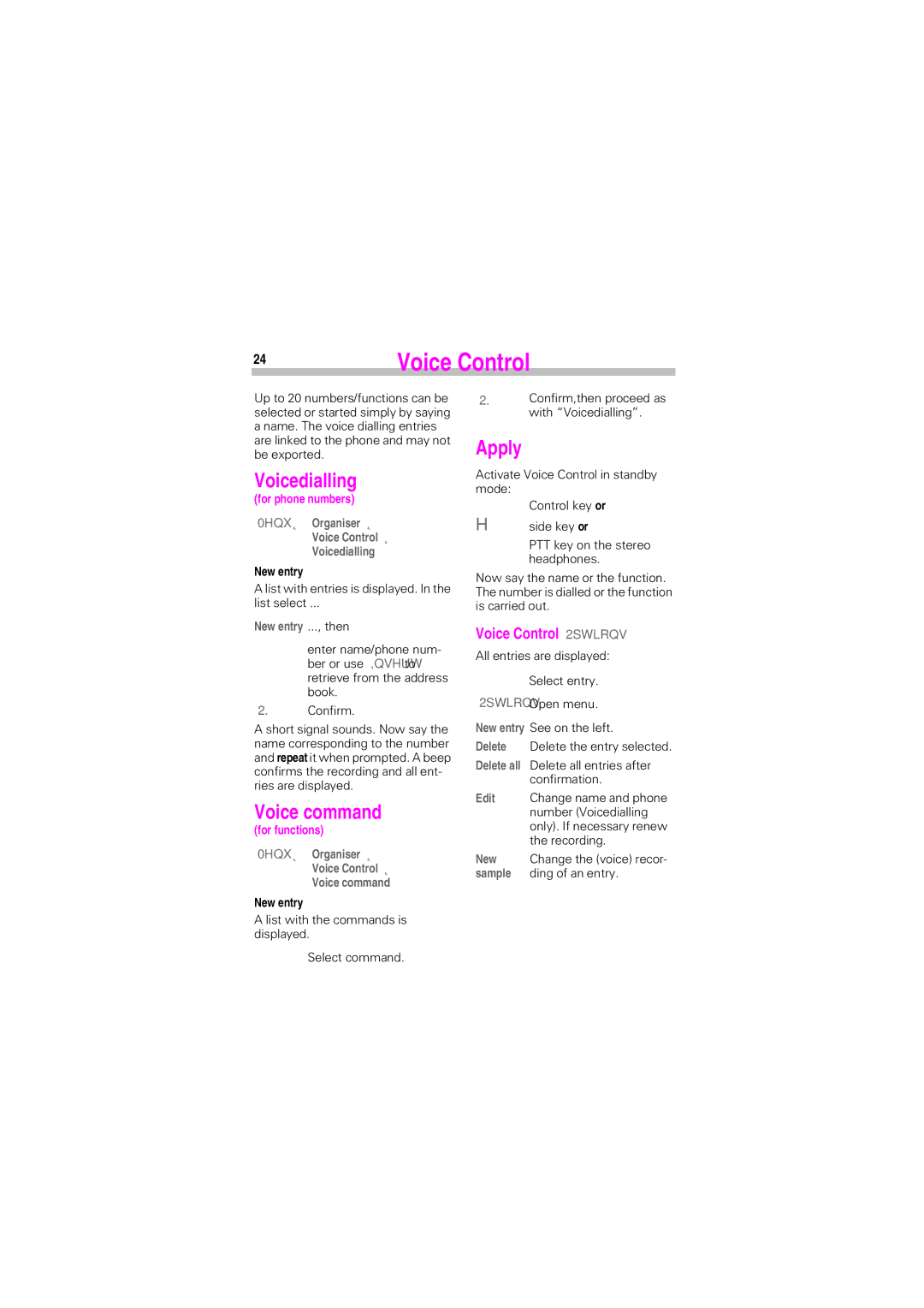 Siemens SL45 manual Voicedialling, Voice command, Apply, Voice Control 2SWLRQV 