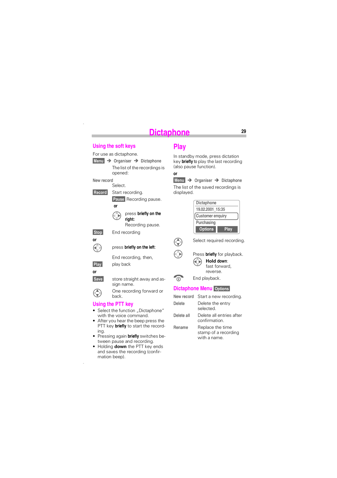 Siemens SL45 manual Dictaphone29, Using the soft keys, Using the PTT key, Dictaphone Menu 2SWLRQV, Options 