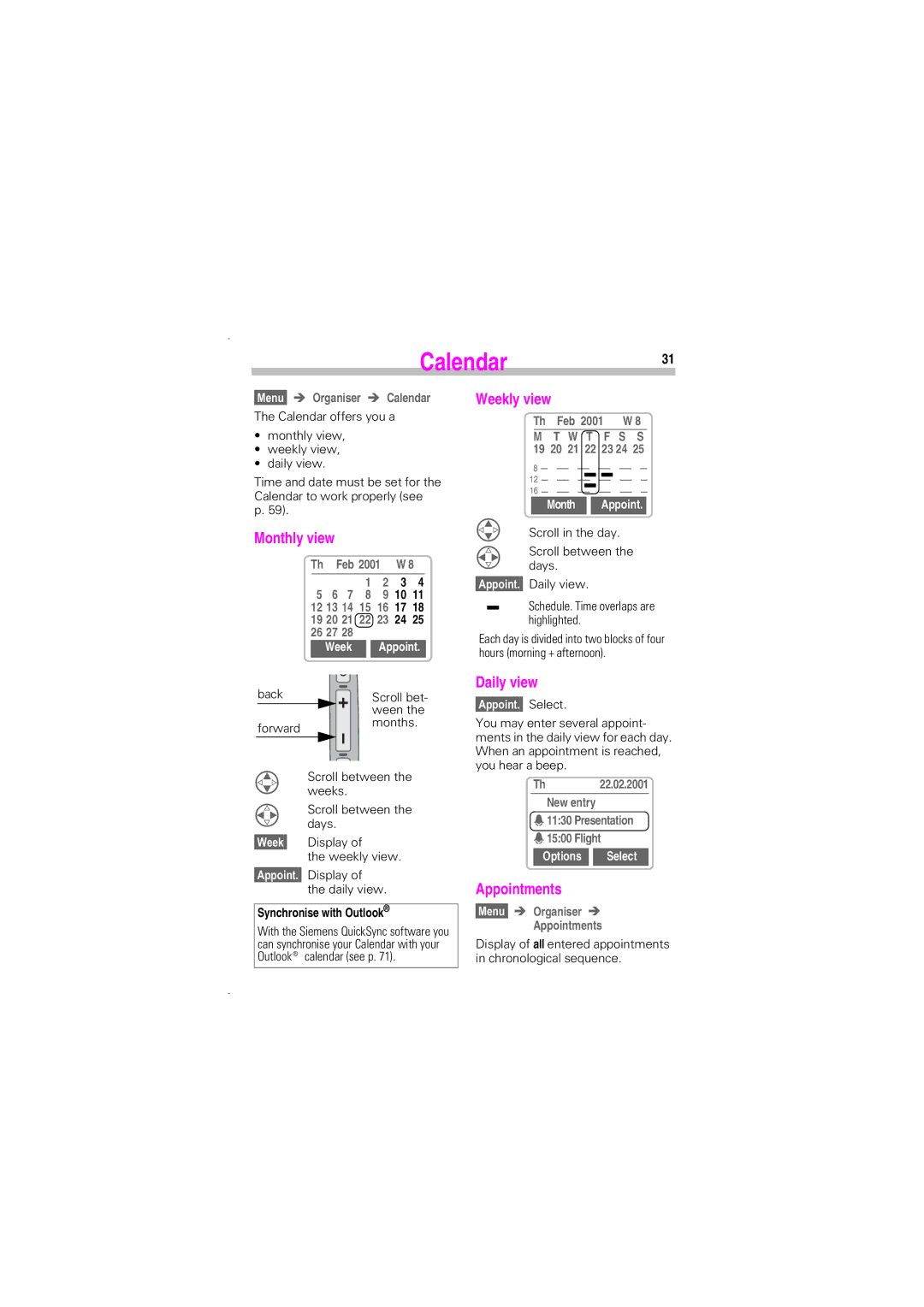 Siemens SL45 manual Calendar31, Monthly view, Weekly view, Daily view, Appointments 