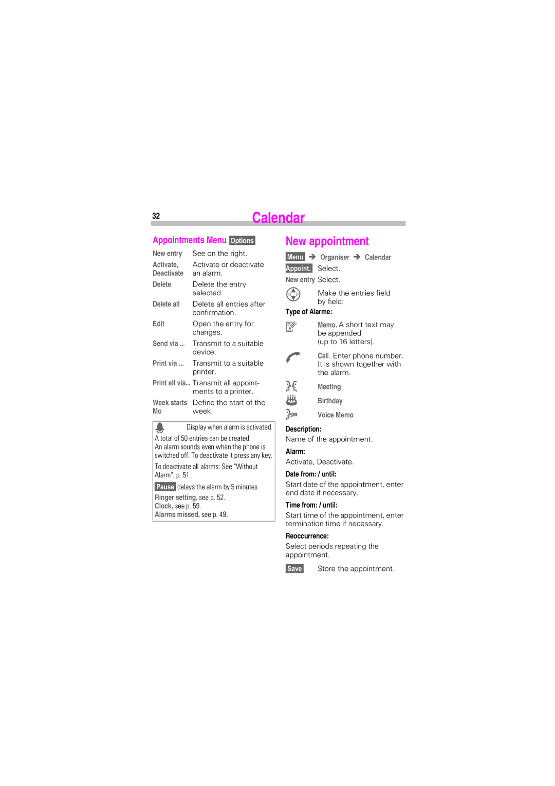 Siemens SL45 manual Calendar, New appointment 