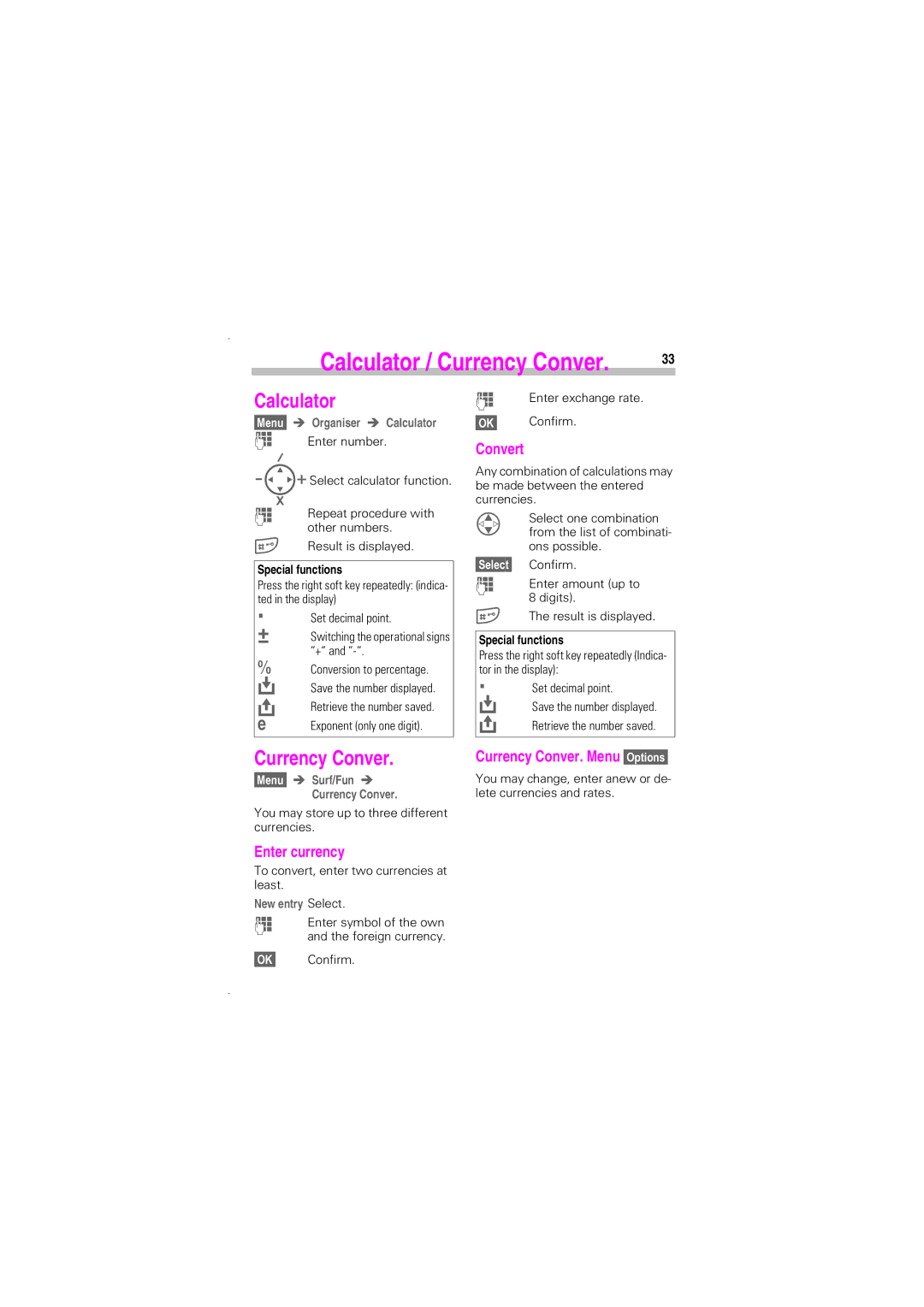 Siemens SL45 manual Calculator, Currency Conver, Enter currency, Convert 