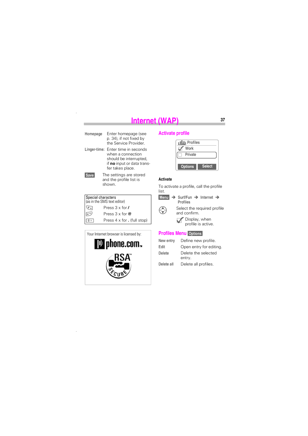 Siemens SL45 manual Activate profile, Profiles Menu 2SWLRQV, JProfiles, Work, Private 