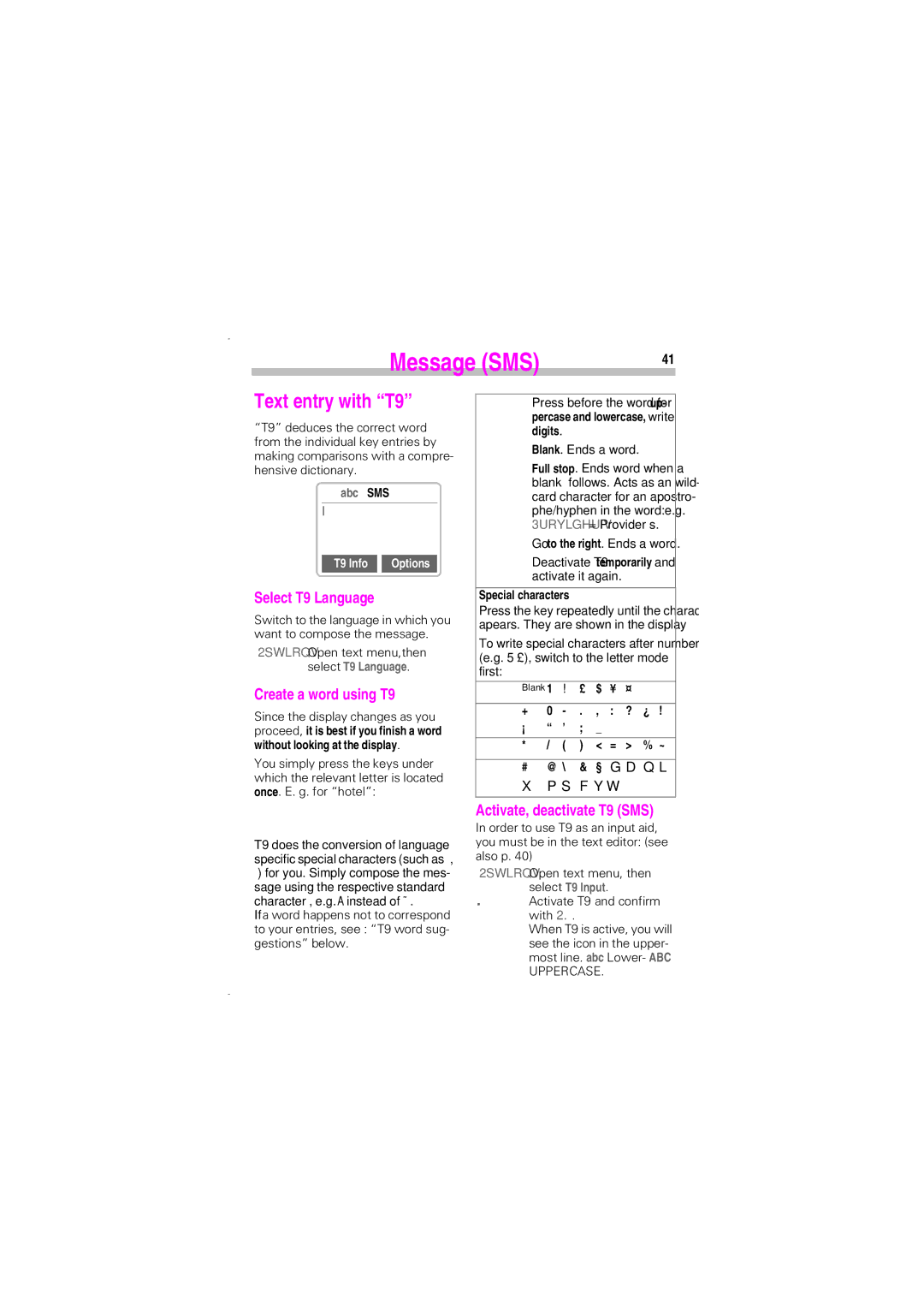 Siemens SL45 manual Text entry with T9, Select T9 Language, Create a word using T9, Activate, deactivate T9 SMS, T9 Info 