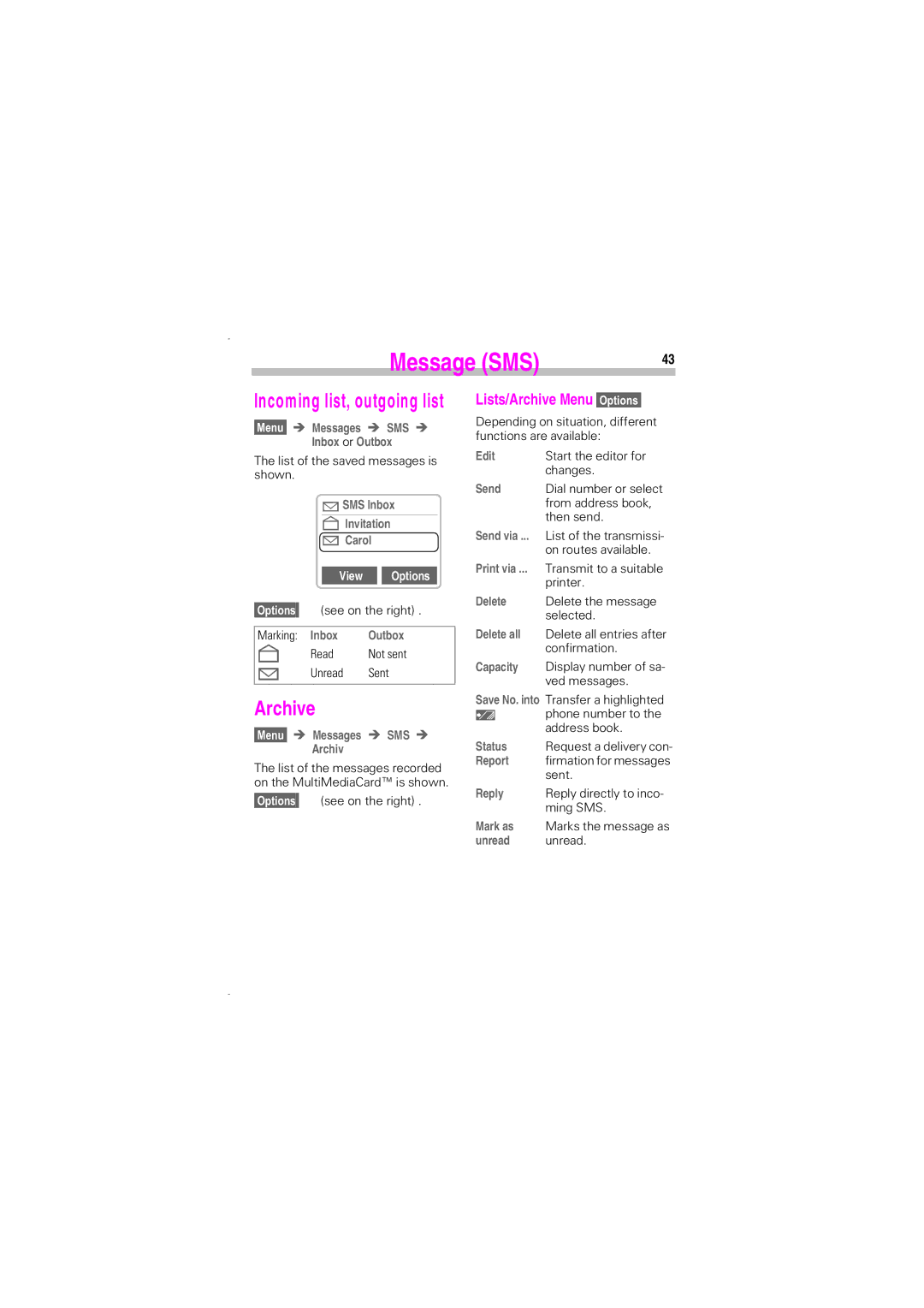 Siemens SL45 manual Lists/Archive Menu 2SWLRQV 