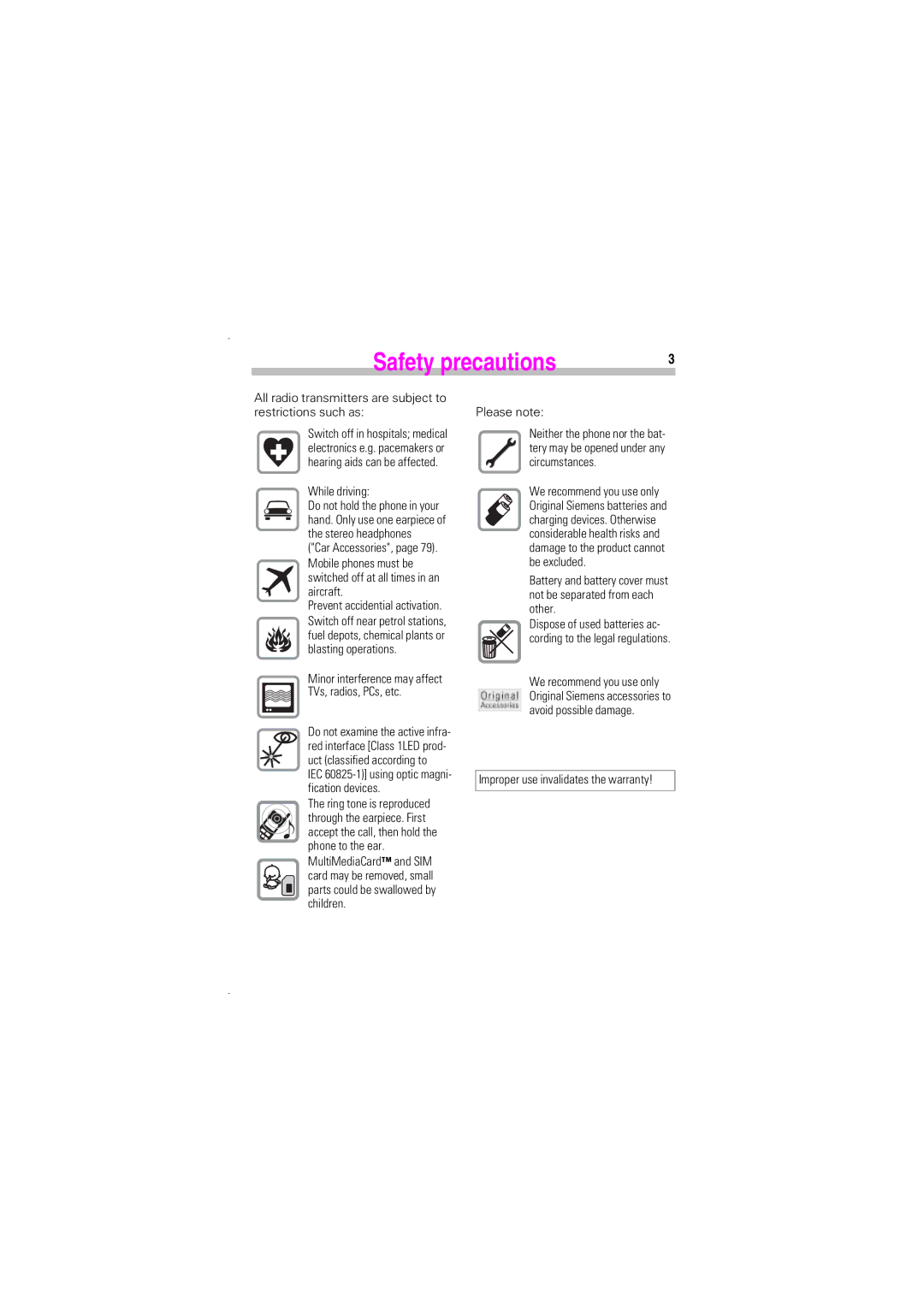 Siemens SL45 manual Safety precautions 