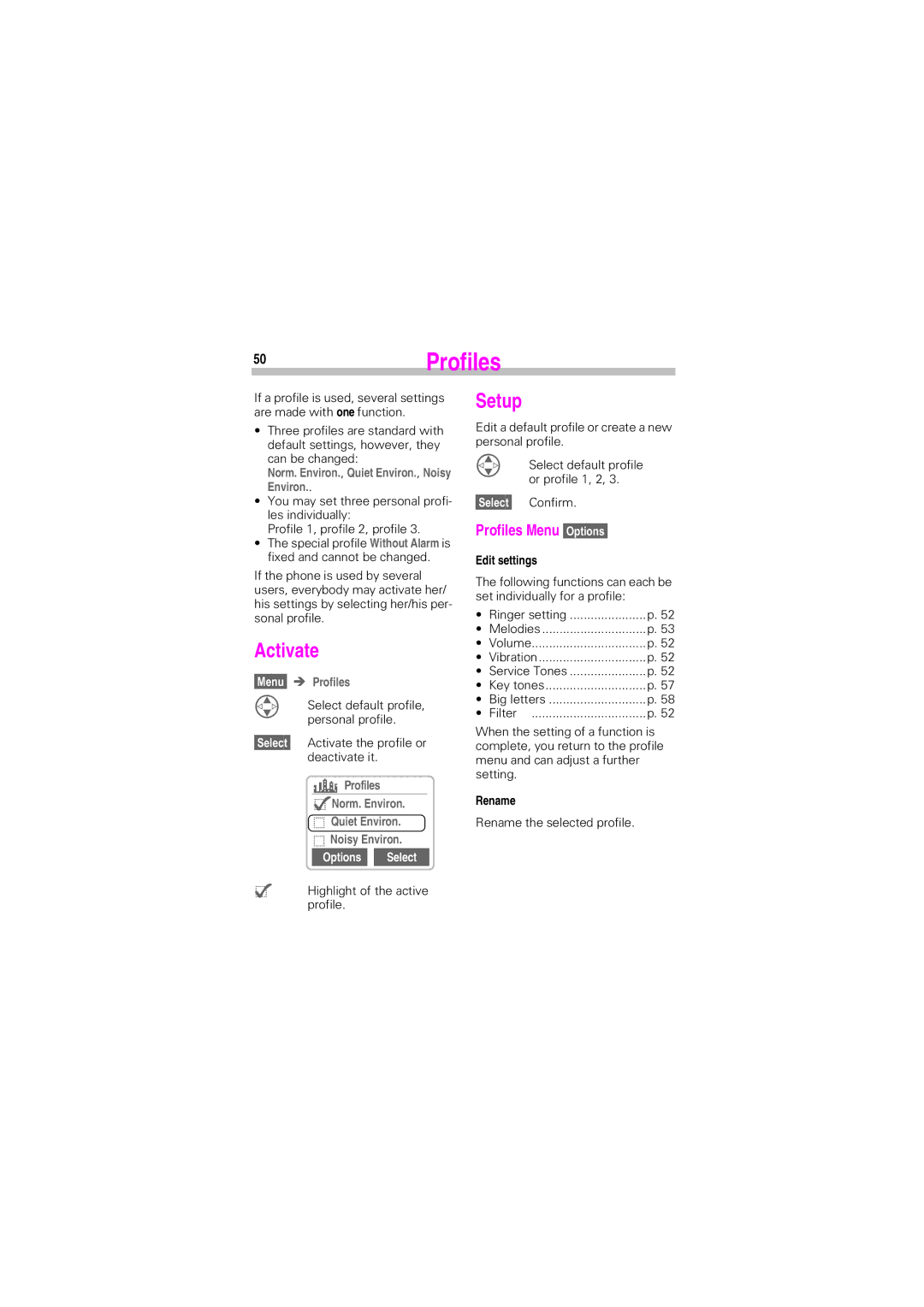 Siemens SL45 manual 50Profiles, Norm. Environ., Quiet Environ., Noisy Environ, Edit settings, Rename 