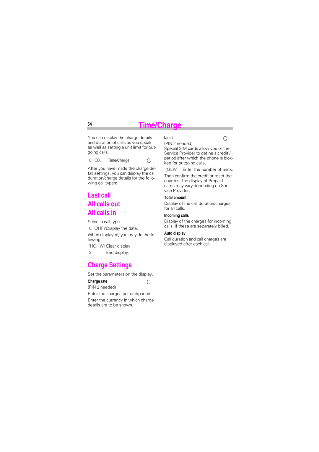 Siemens SL45 manual 54Time/Charge, Last call All calls out, Charge Settings, 0HQX Î Time/Charge, Charge rate 