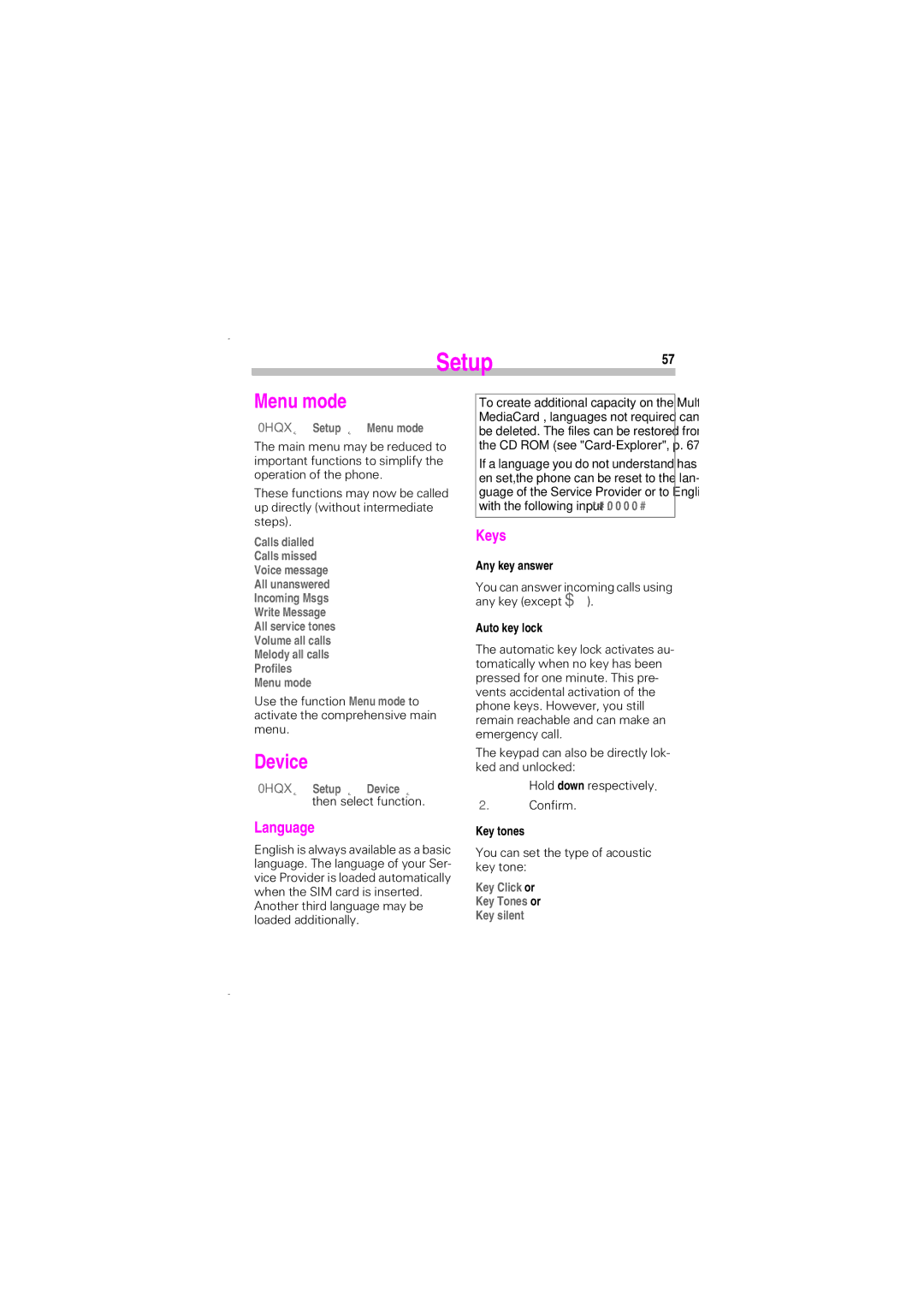 Siemens SL45 manual Setup57, Menu mode, Device, Language, Keys 