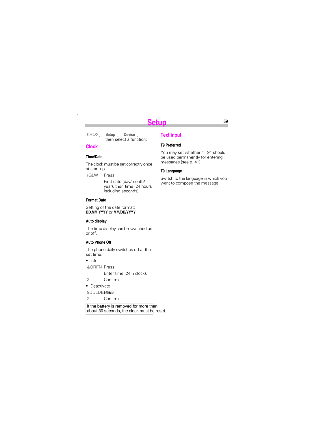 Siemens SL45 manual Setup59, Clock 