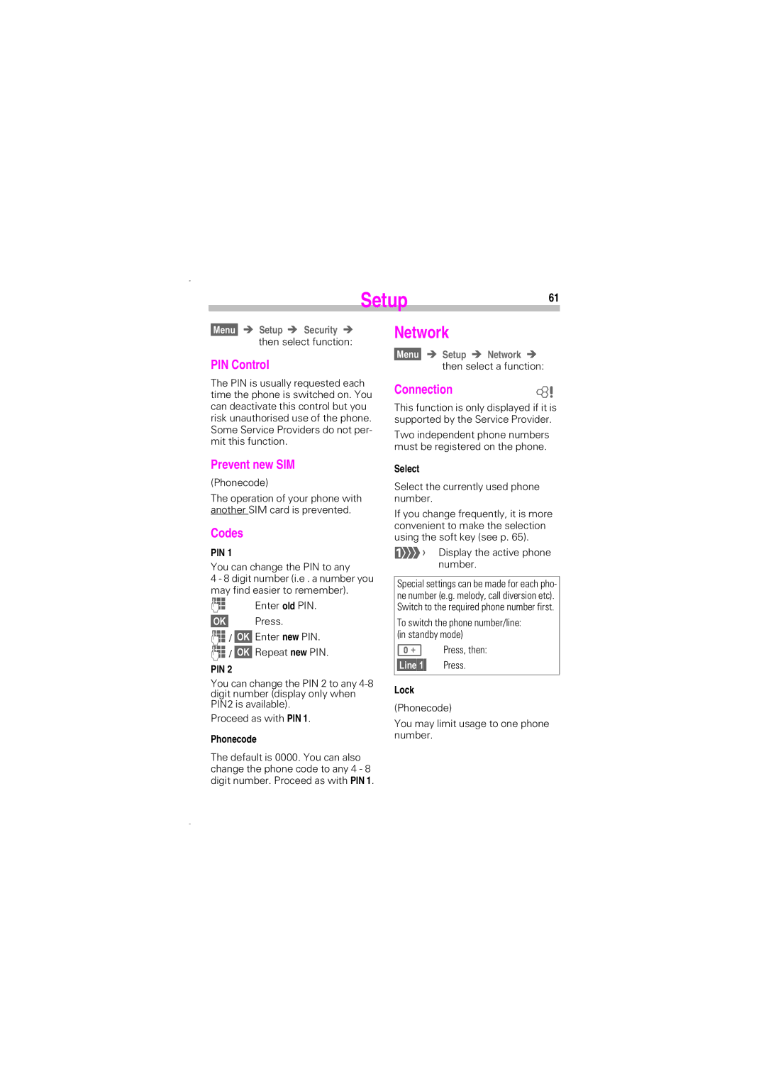 Siemens SL45 manual Setup, Network 