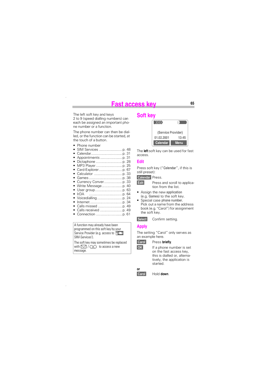 Siemens SL45 manual Fast access key, Soft key, Edit, Apply, Calendar Menu 