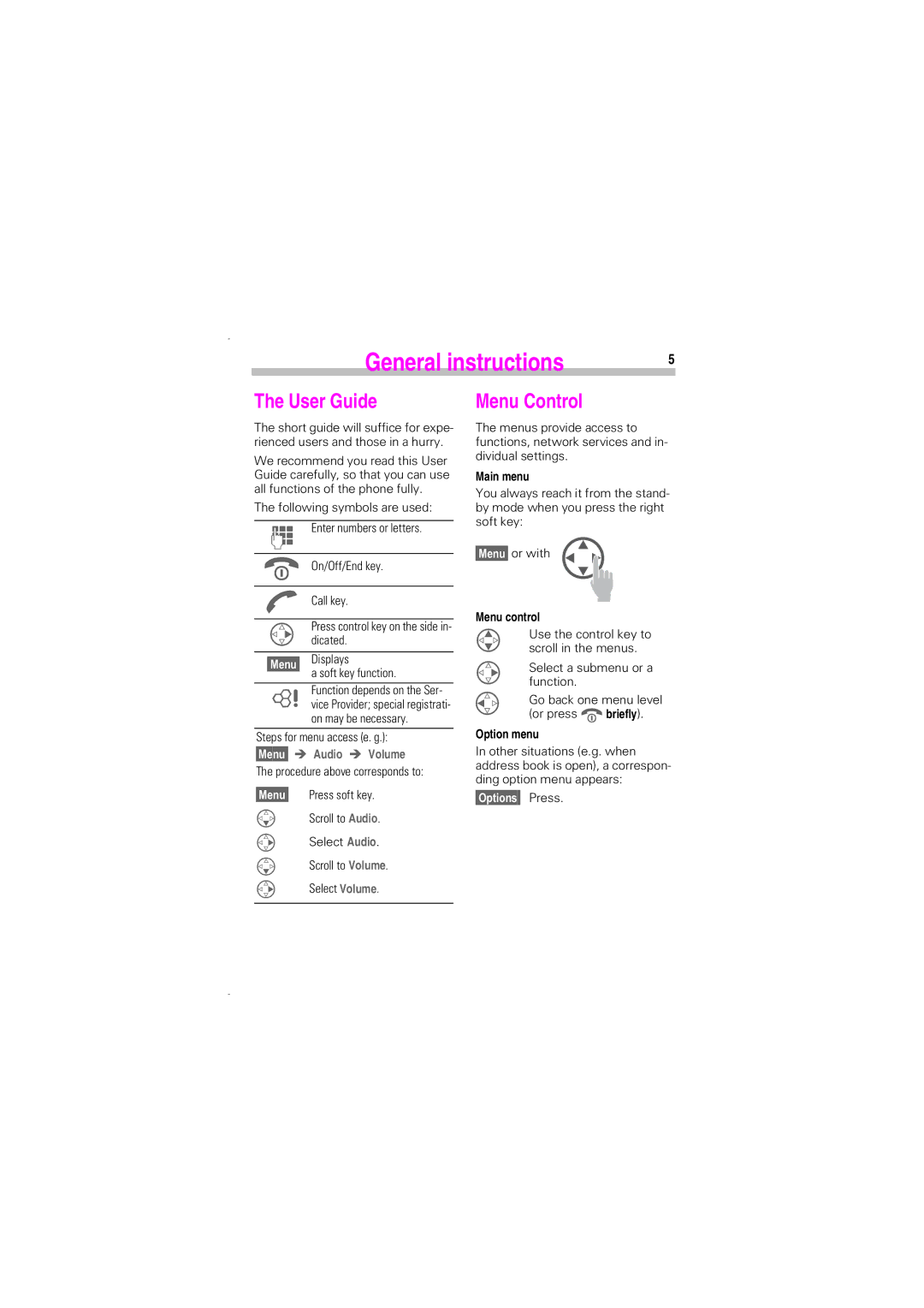 Siemens SL45 manual General instructions, User Guide, Menu Control, 0HQX Î Audio Î Volume 