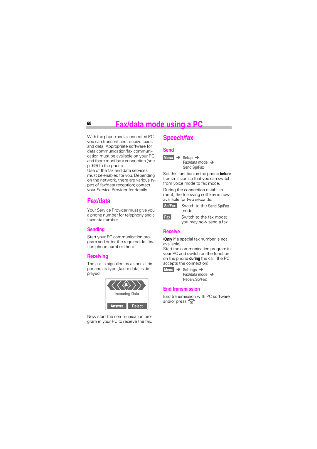 Siemens SL45 manual 68 Fax/data mode using a PC, Speech/fax 