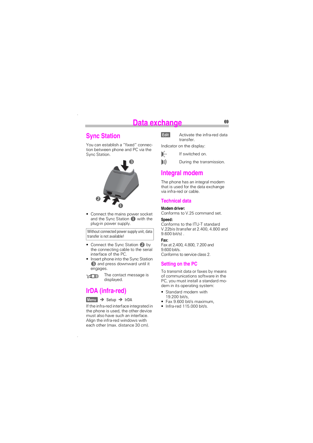 Siemens SL45 manual Data exchange, Sync Station, Integral modem, IrDA infra-red 