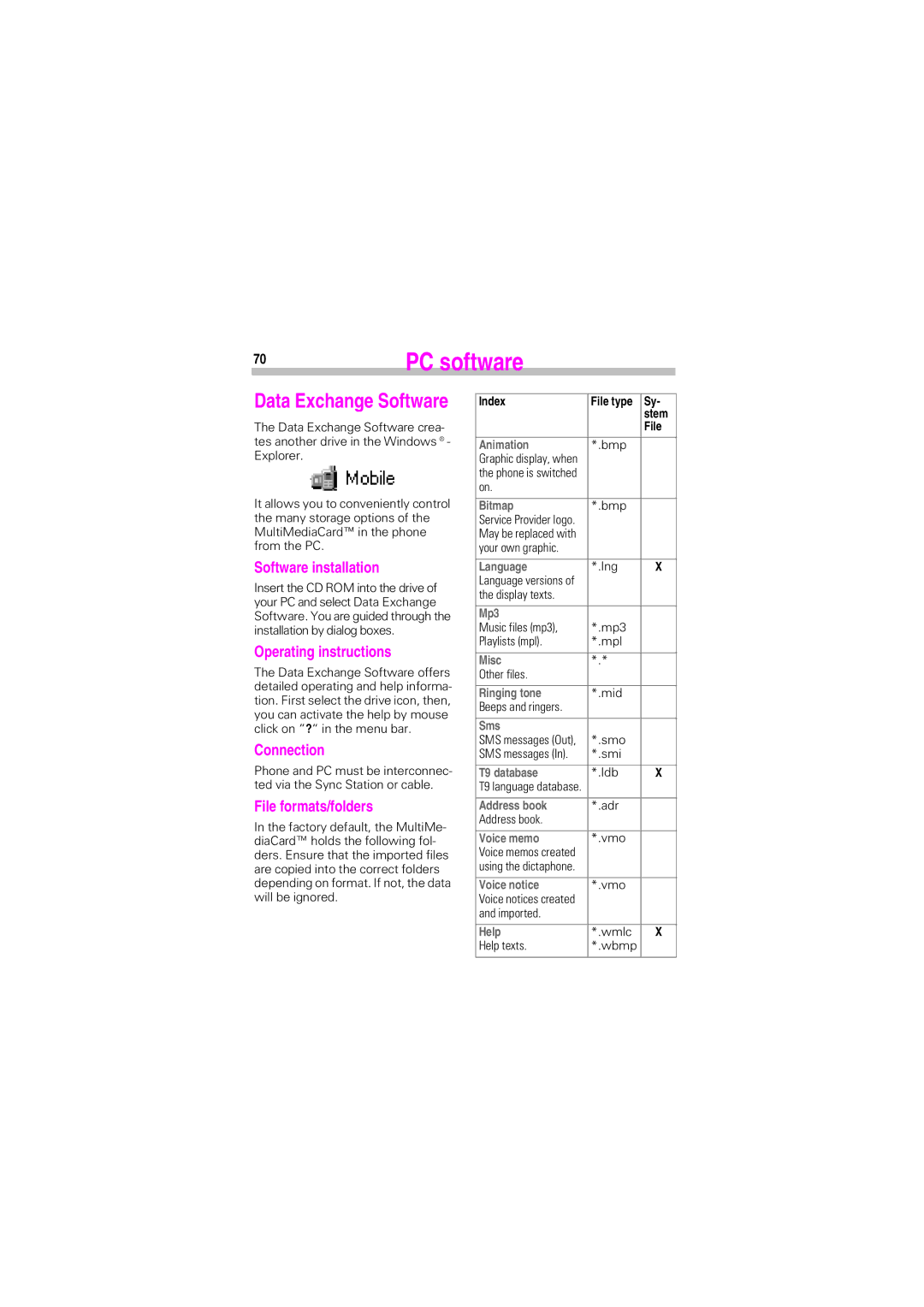 Siemens SL45 manual PC software, Software installation, Operating instructions, File formats/folders 