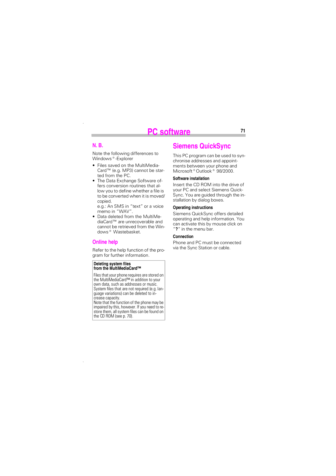 Siemens SL45 manual Siemens QuickSync, Online help, Software installation, Operating instructions, Connection 