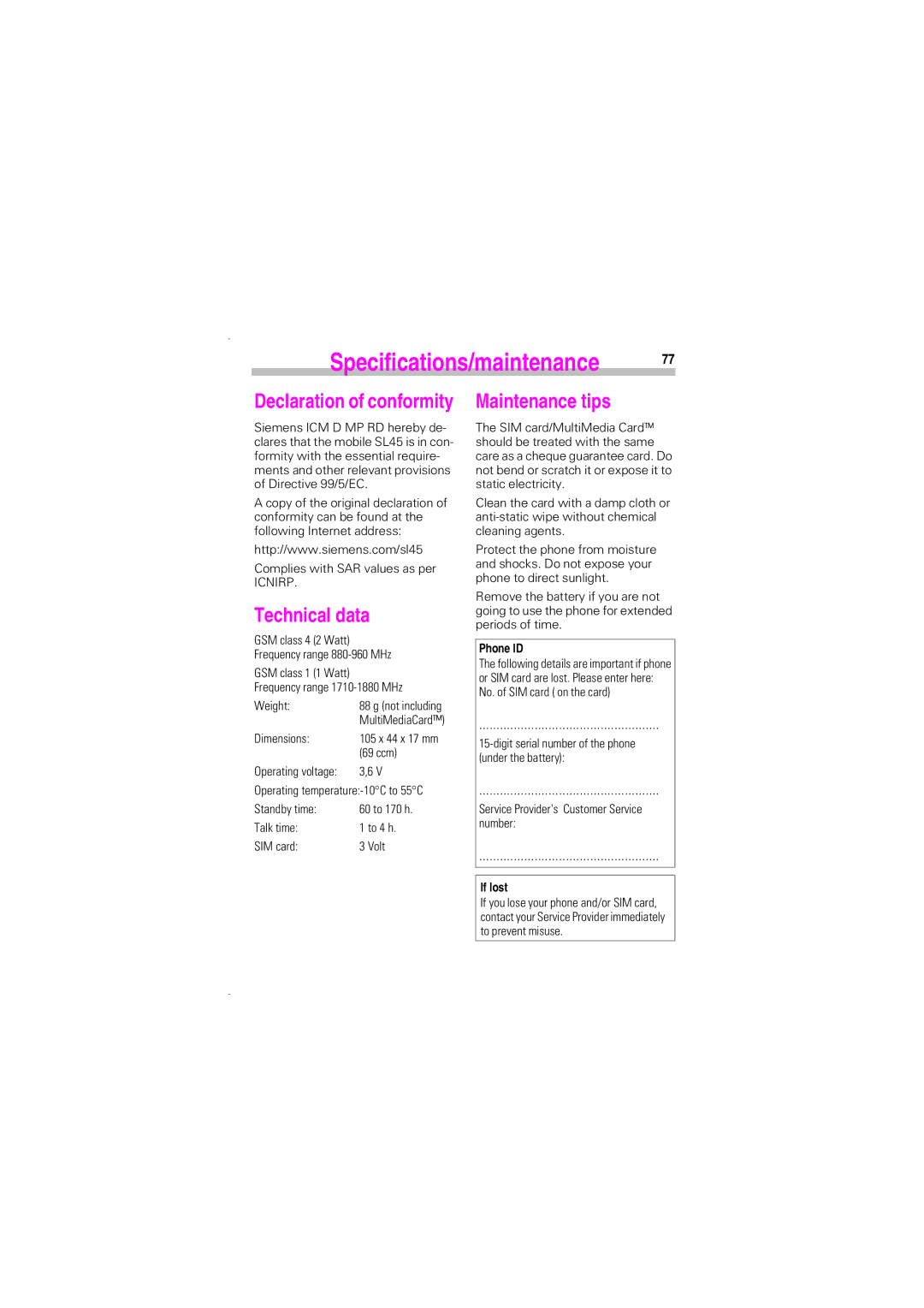 Siemens SL45 manual Technical data, Maintenance tips, Phone ID, If lost 