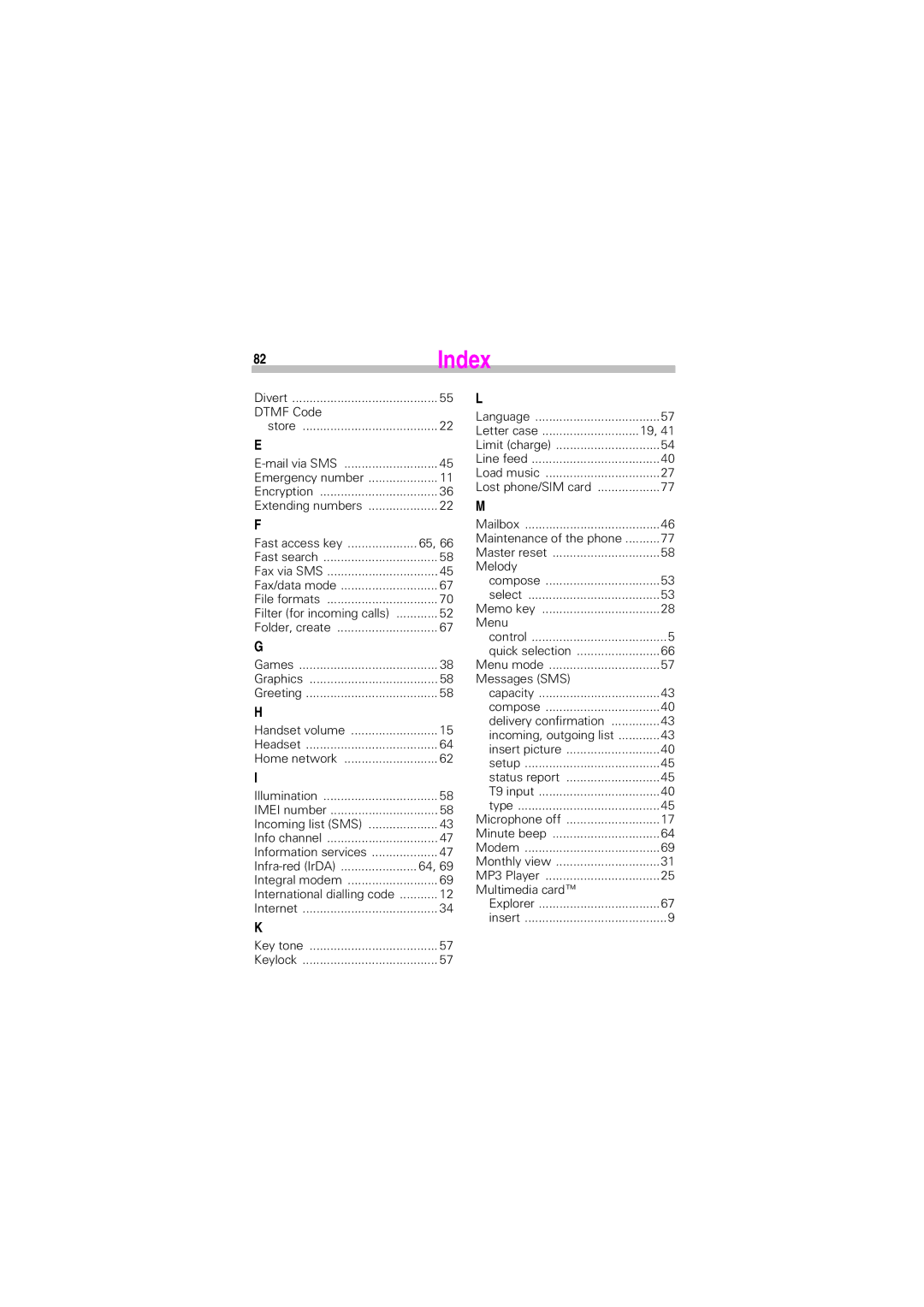 Siemens SL45 manual 82Index, Dtmf Code, Letter case, Messages SMS, Multimedia card 