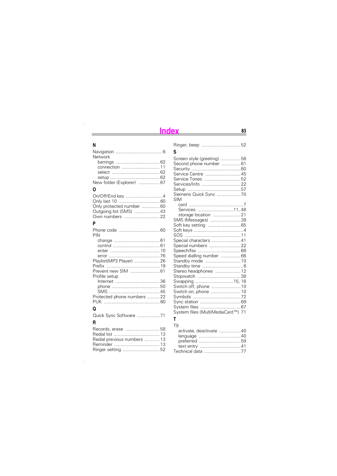 Siemens SL45 manual Index83 