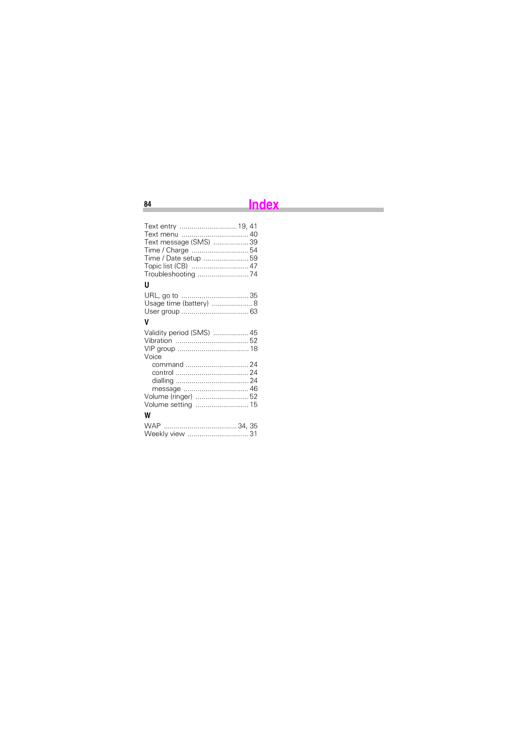 Siemens SL45 manual Index, Text entry, Voice 