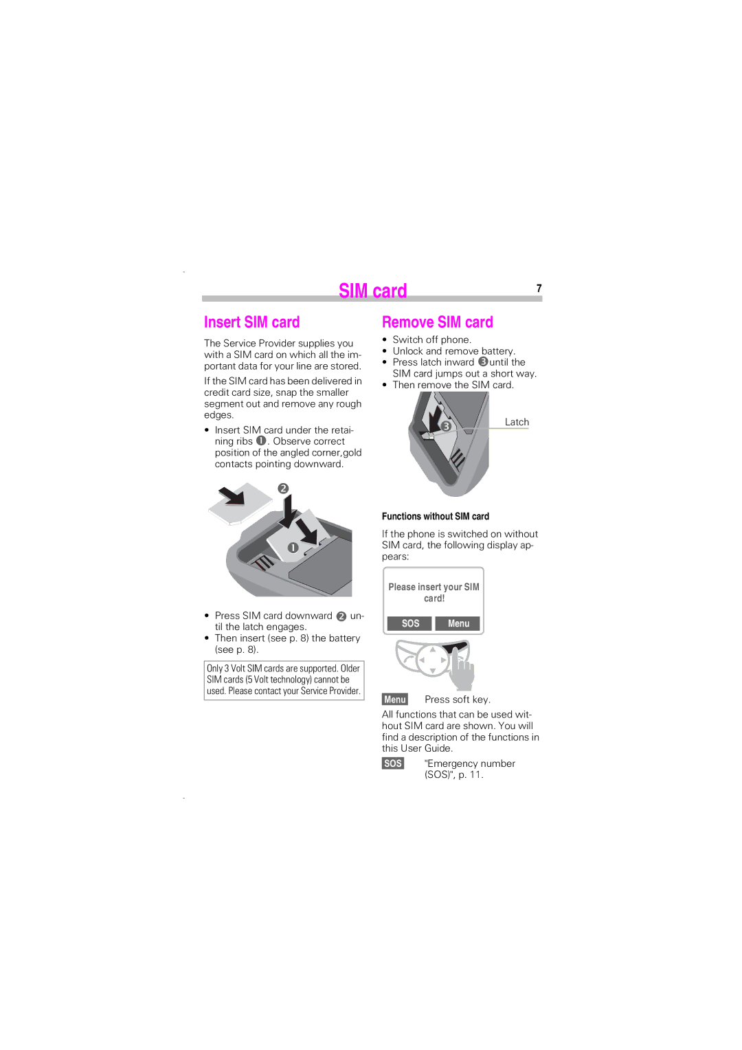 Siemens SL45 manual Insert SIM card, Remove SIM card, Please insert your SIM Card, SOS Menu 