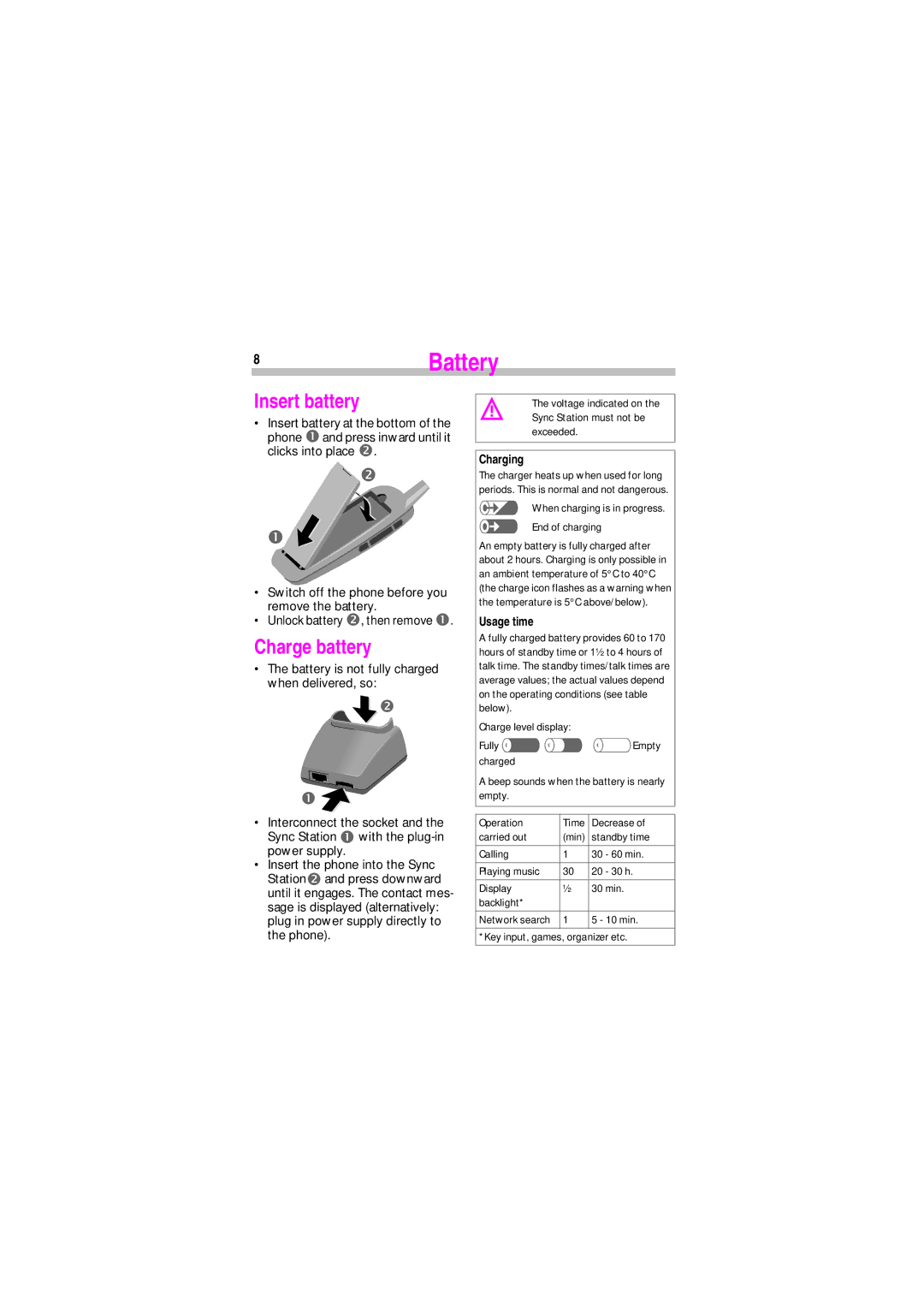 Siemens SL45 manual Battery, Insert battery, Charge battery, Charging, Usage time 