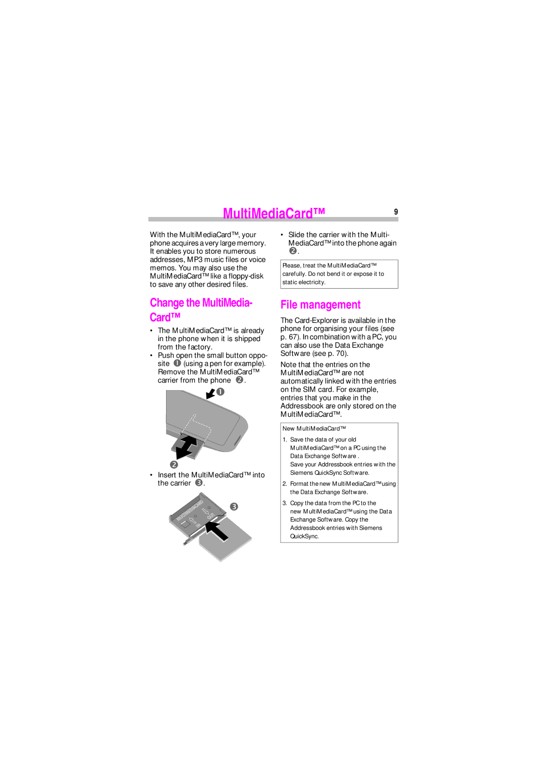 Siemens SL45 manual MultiMediaCard9, Change the MultiMedia- Card, File management 