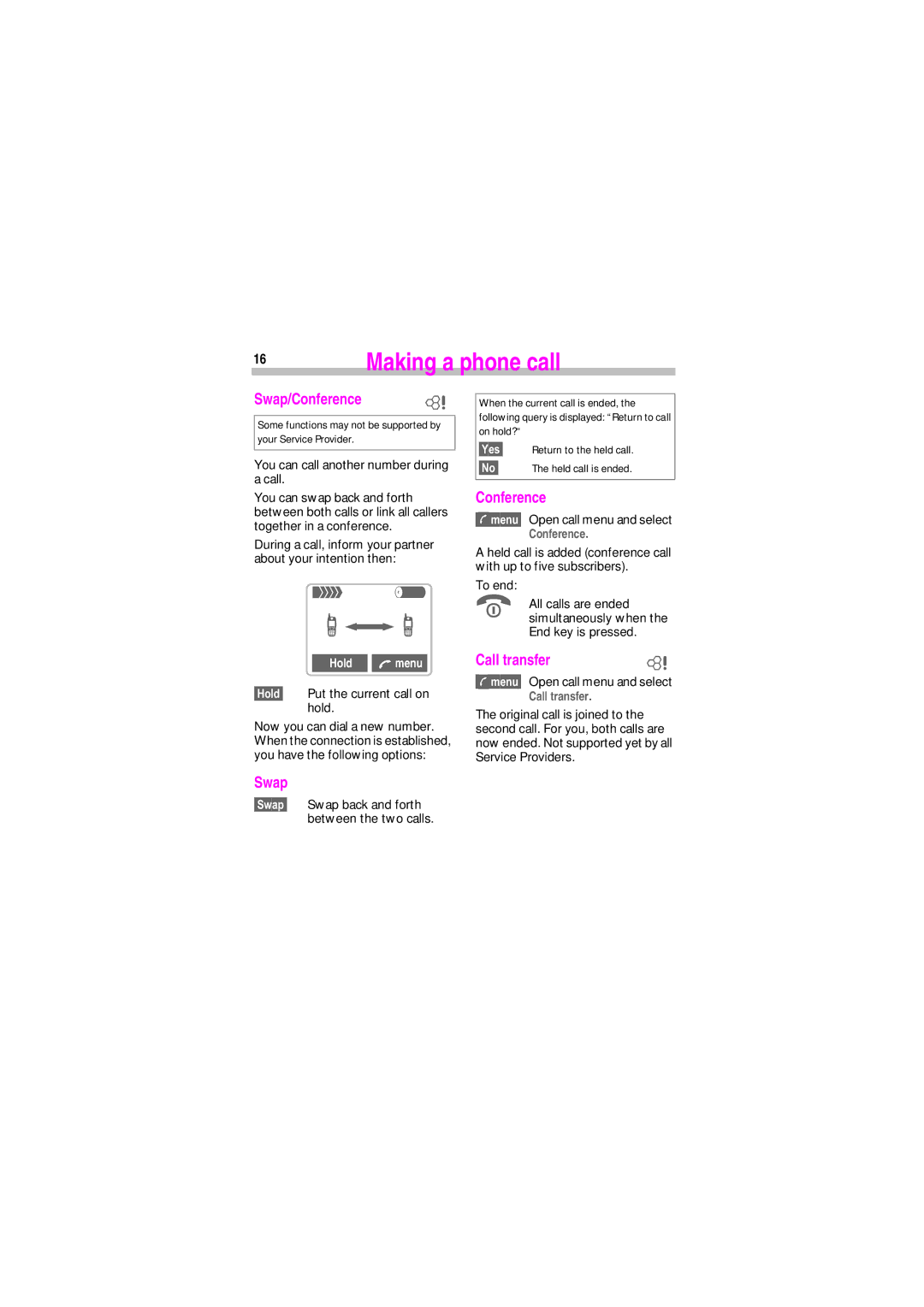 Siemens SL45 manual Swap/Conference, Call transfer, Hold menu, +ROG Put the current call on hold 