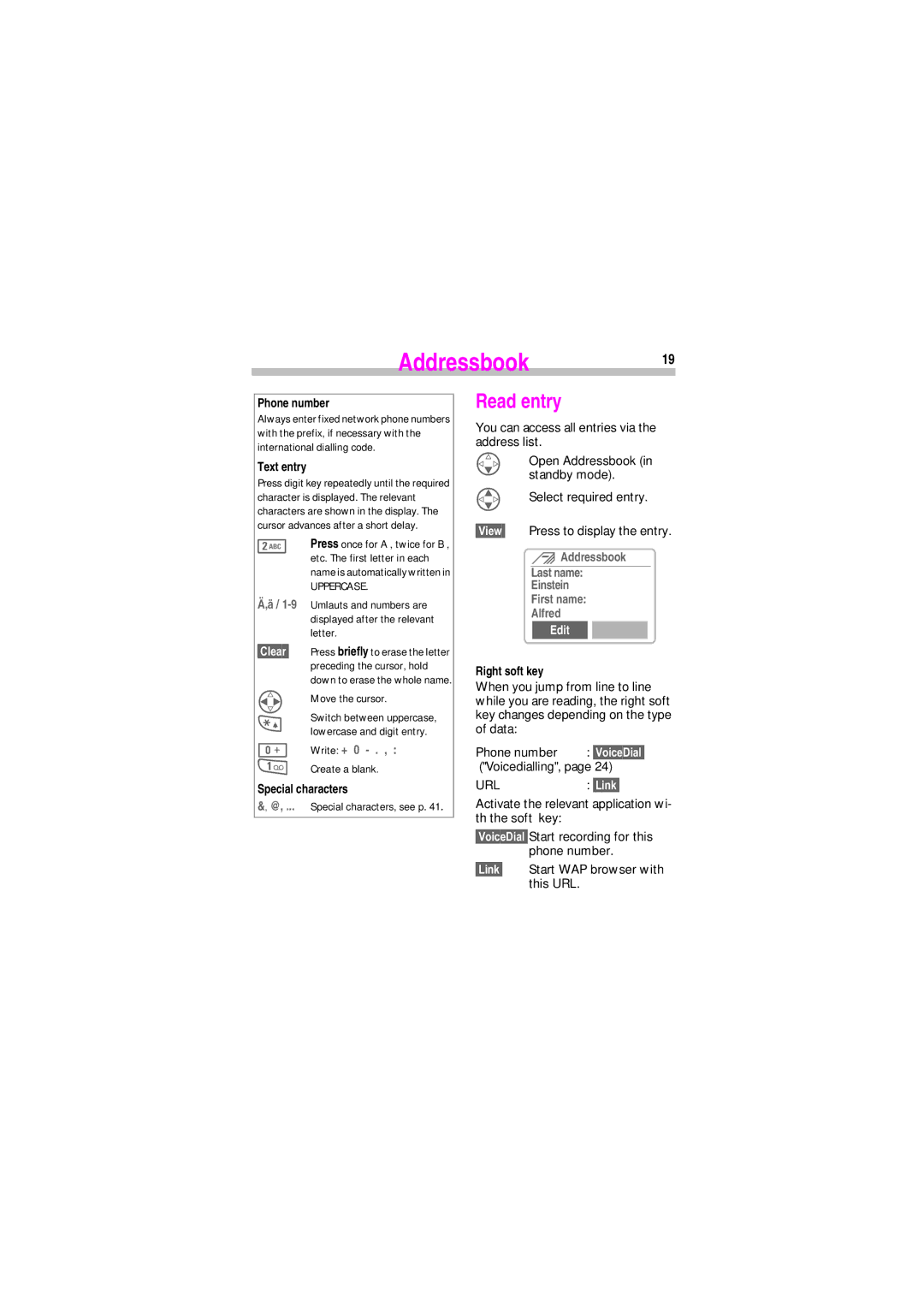 Siemens SL45 manual Addressbook19, Read entry, Write + 