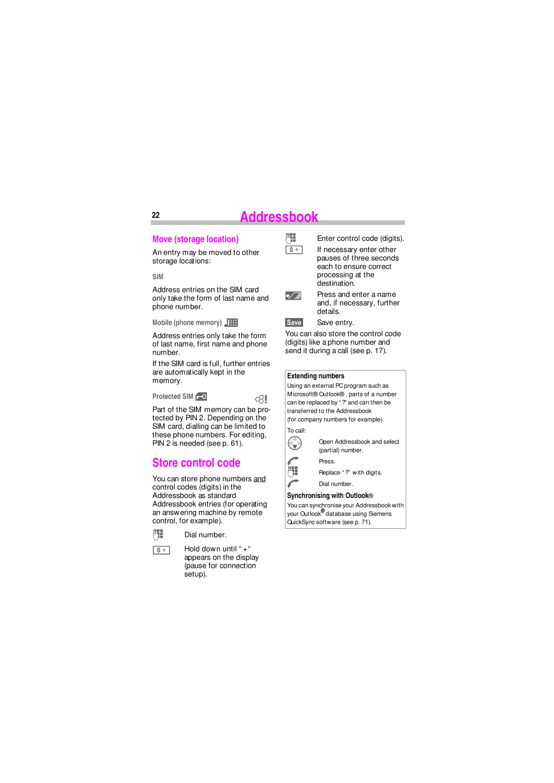 Siemens SL45 manual 22Addressbook, Store control code, Move storage location, Mobile phone memory p, Protected SIM 