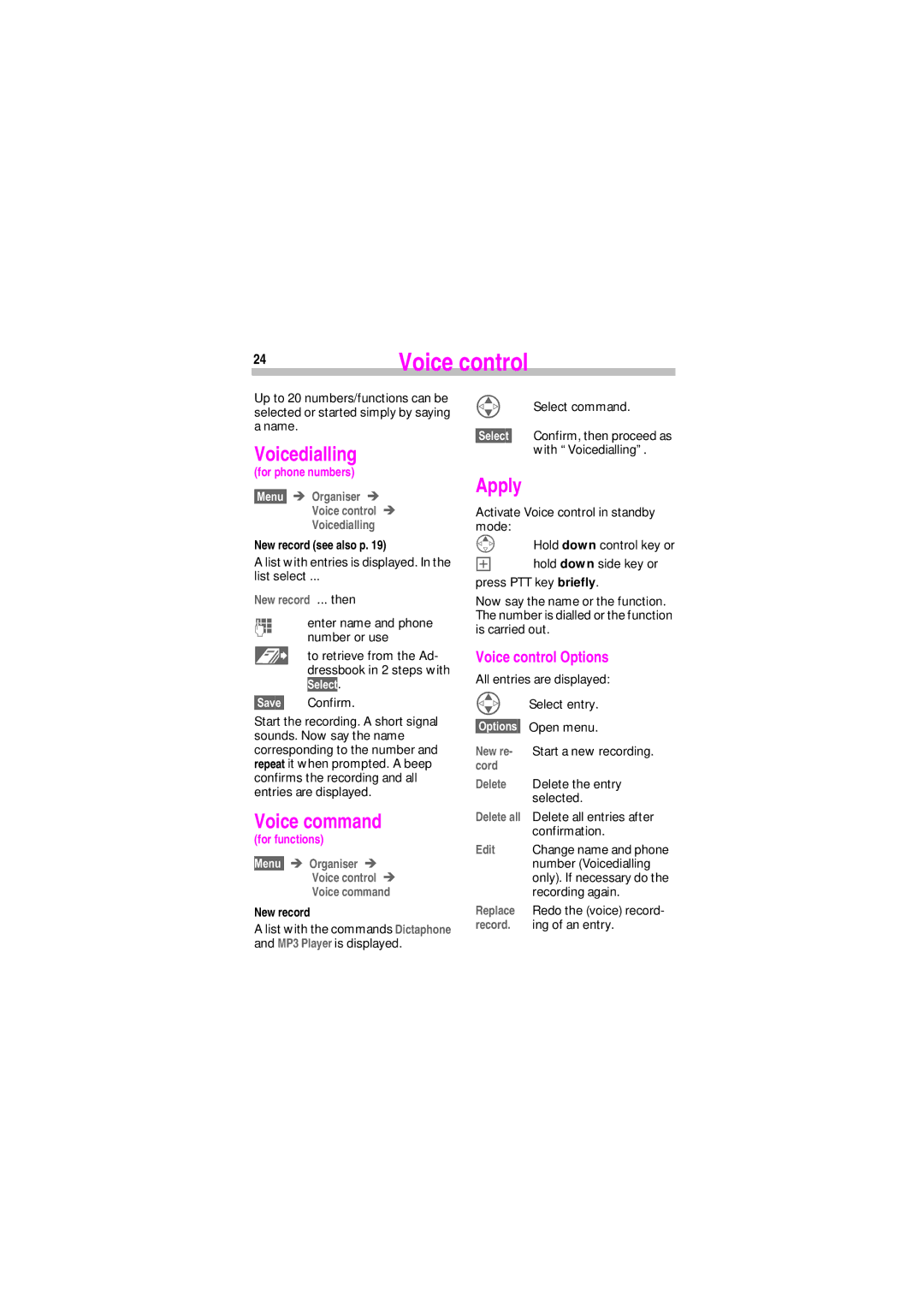 Siemens SL45 manual Voicedialling, Voice command, Apply, Voice control Options 