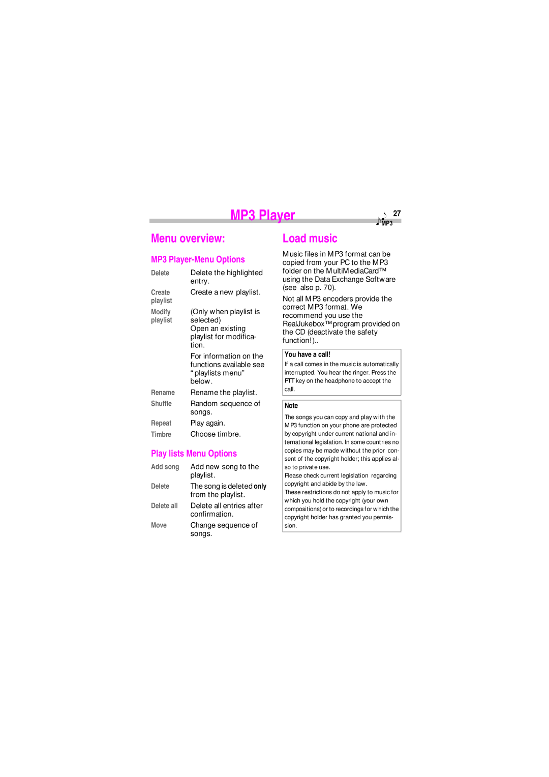 Siemens SL45 manual Menu overview, Load music, MP3 Player-Menu Options, Play lists Menu Options 